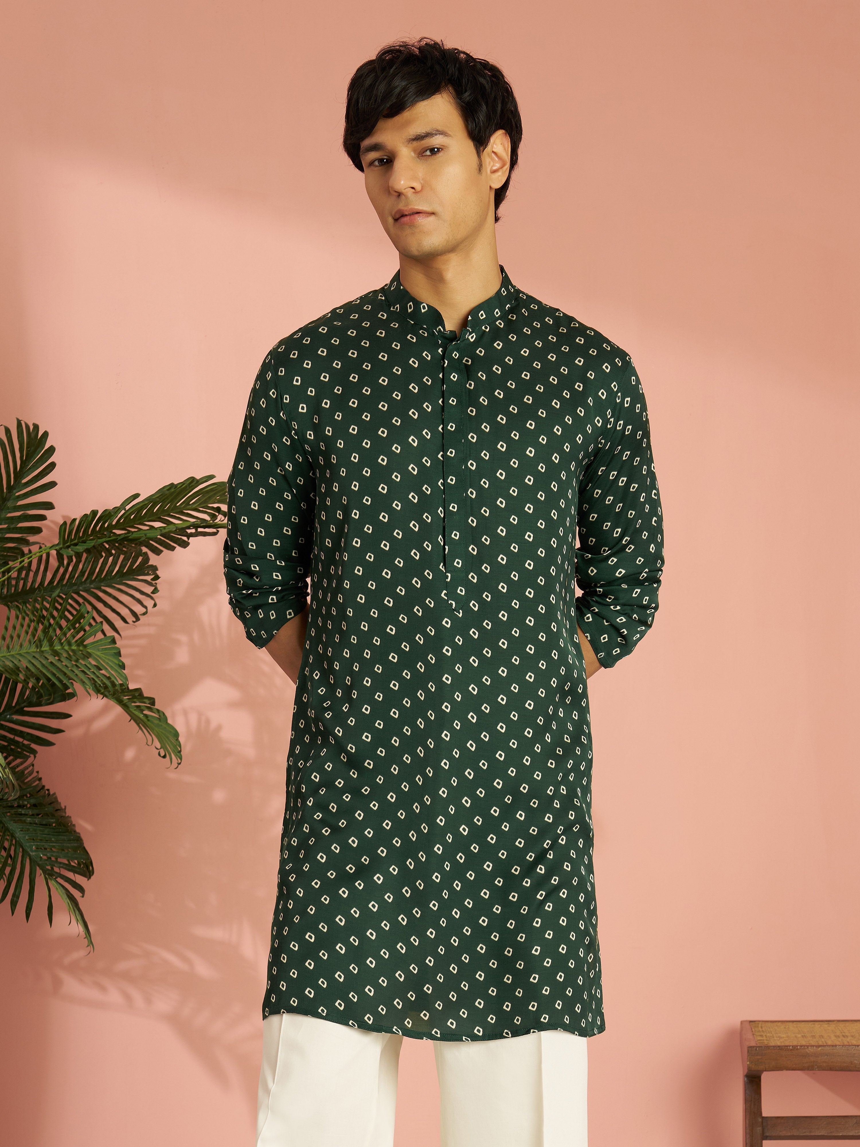 Men's Bottle Green Silk Blend Bandhani Digital Print Mid-Length Kurta