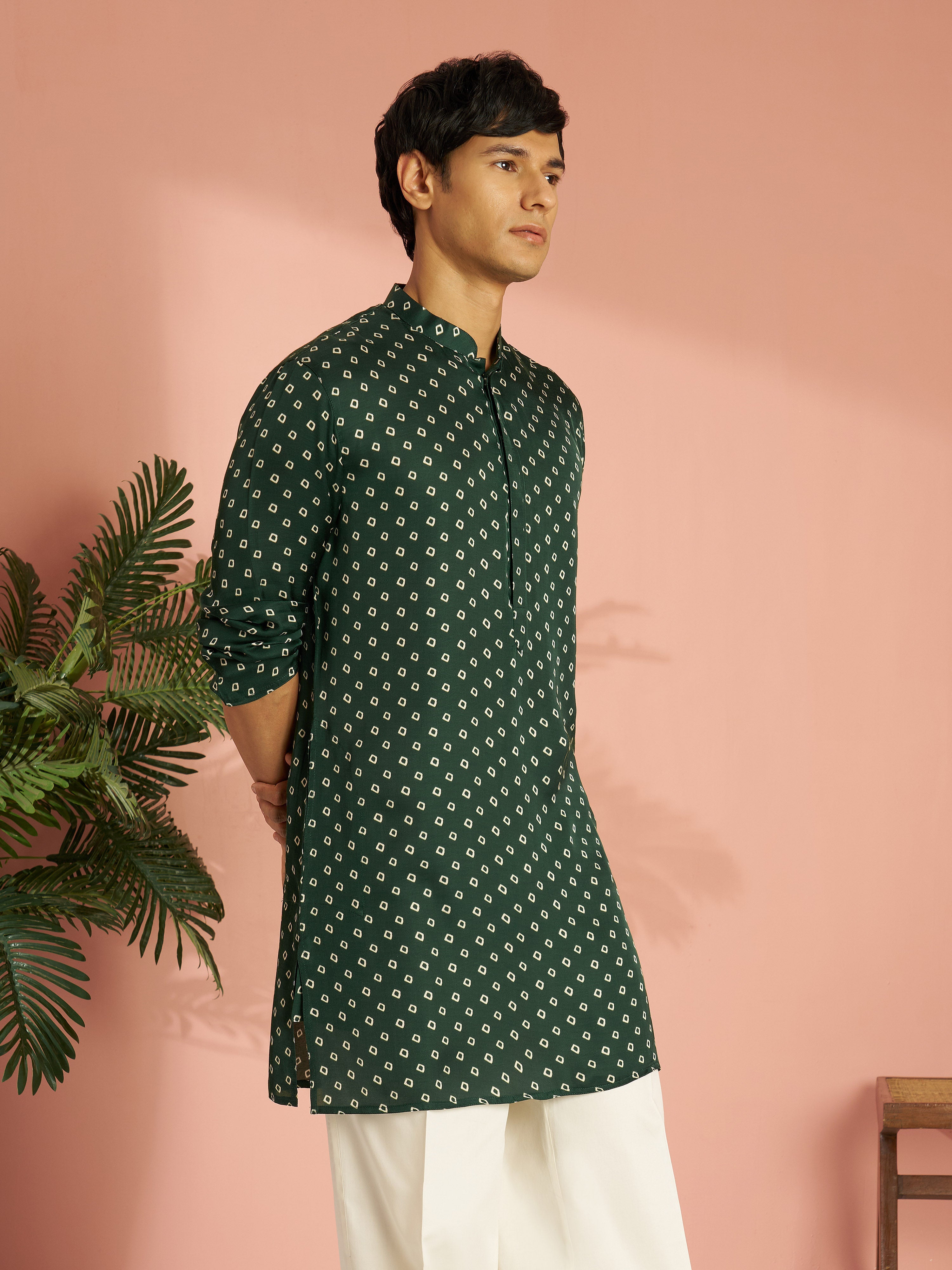 Men's Bottle Green Silk Blend Bandhani Digital Print Mid-Length Kurta