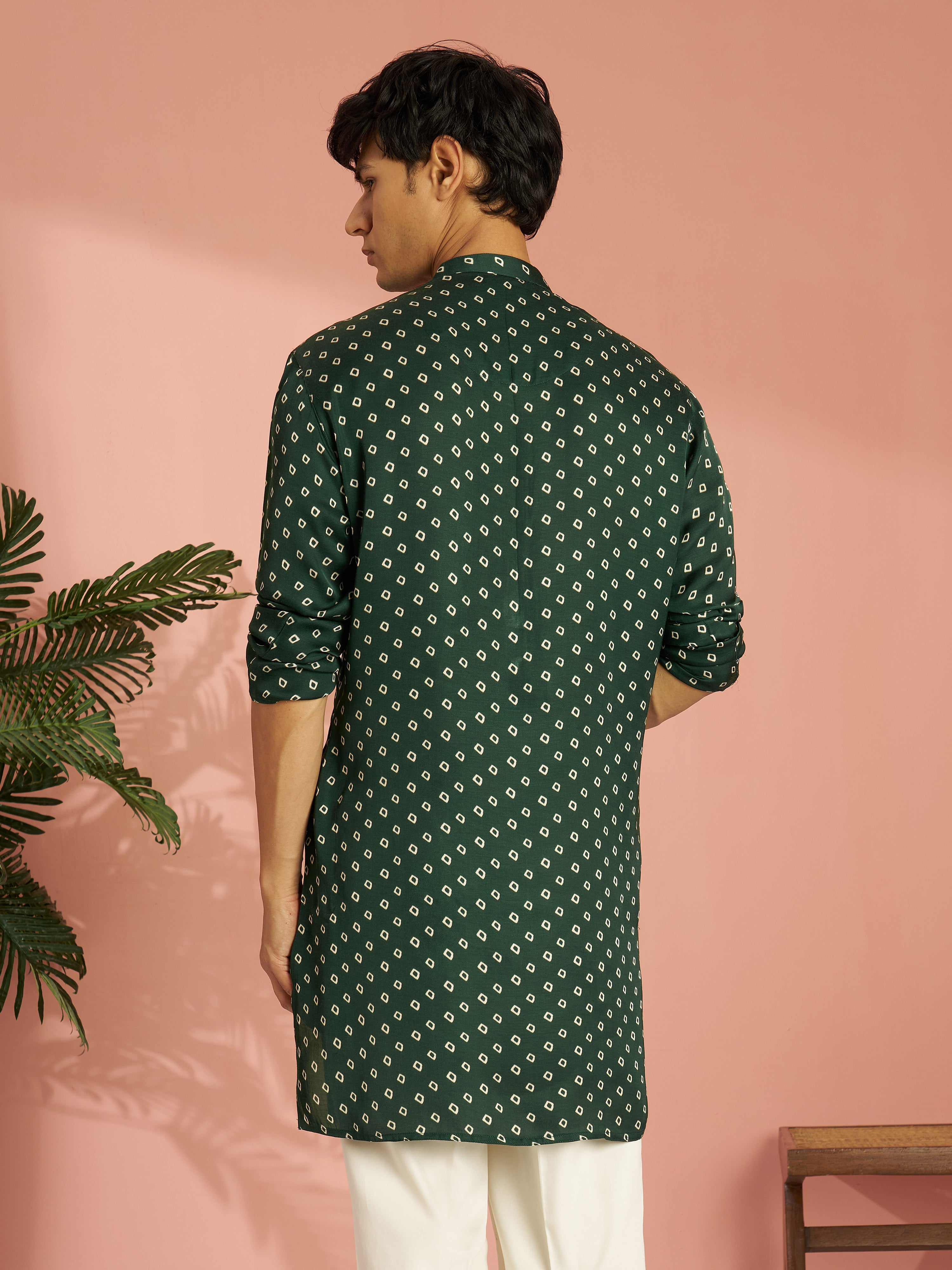 Men's Bottle Green Silk Blend Bandhani Digital Print Mid-Length Kurta