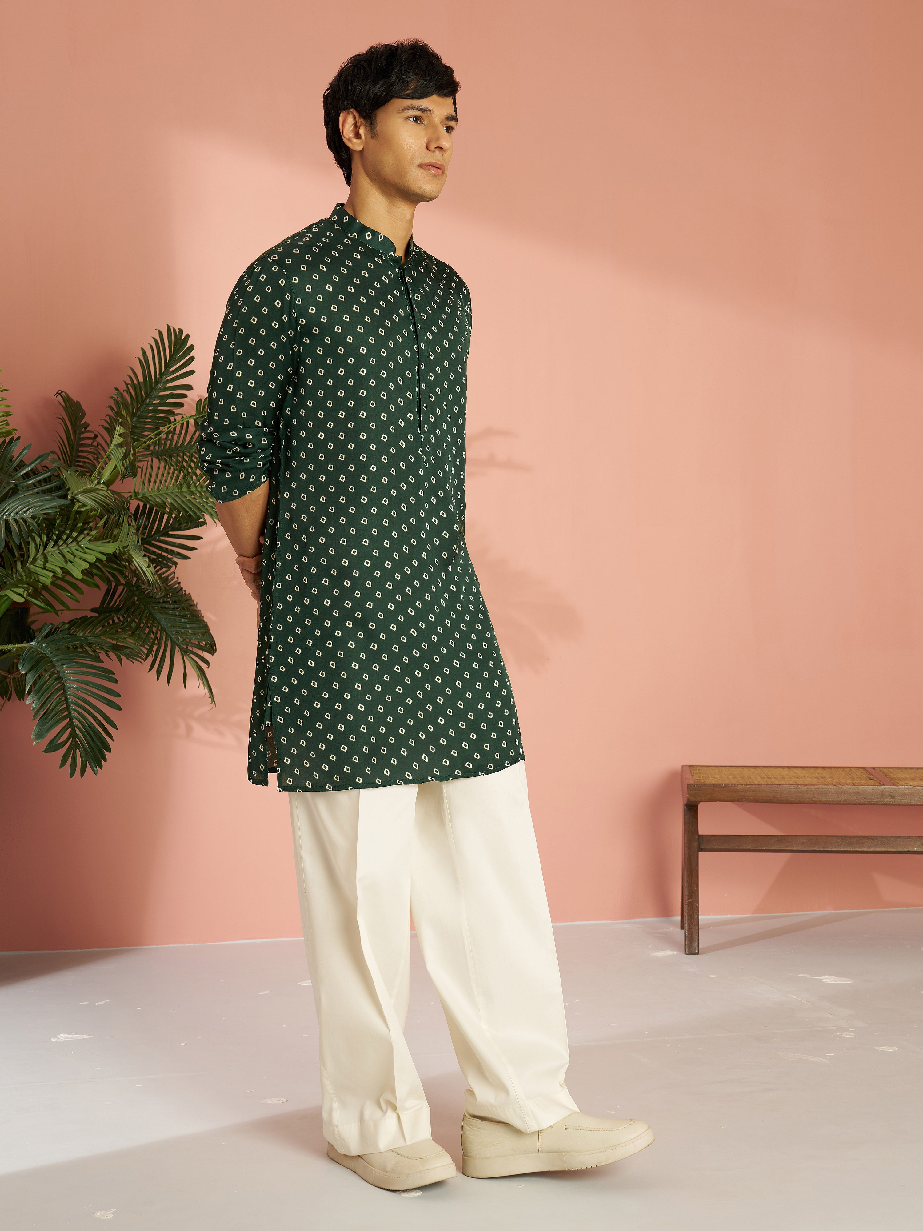 Men's Bottle Green Silk Blend Bandhani Kurta with Cream Wide Leg Palazzo Set