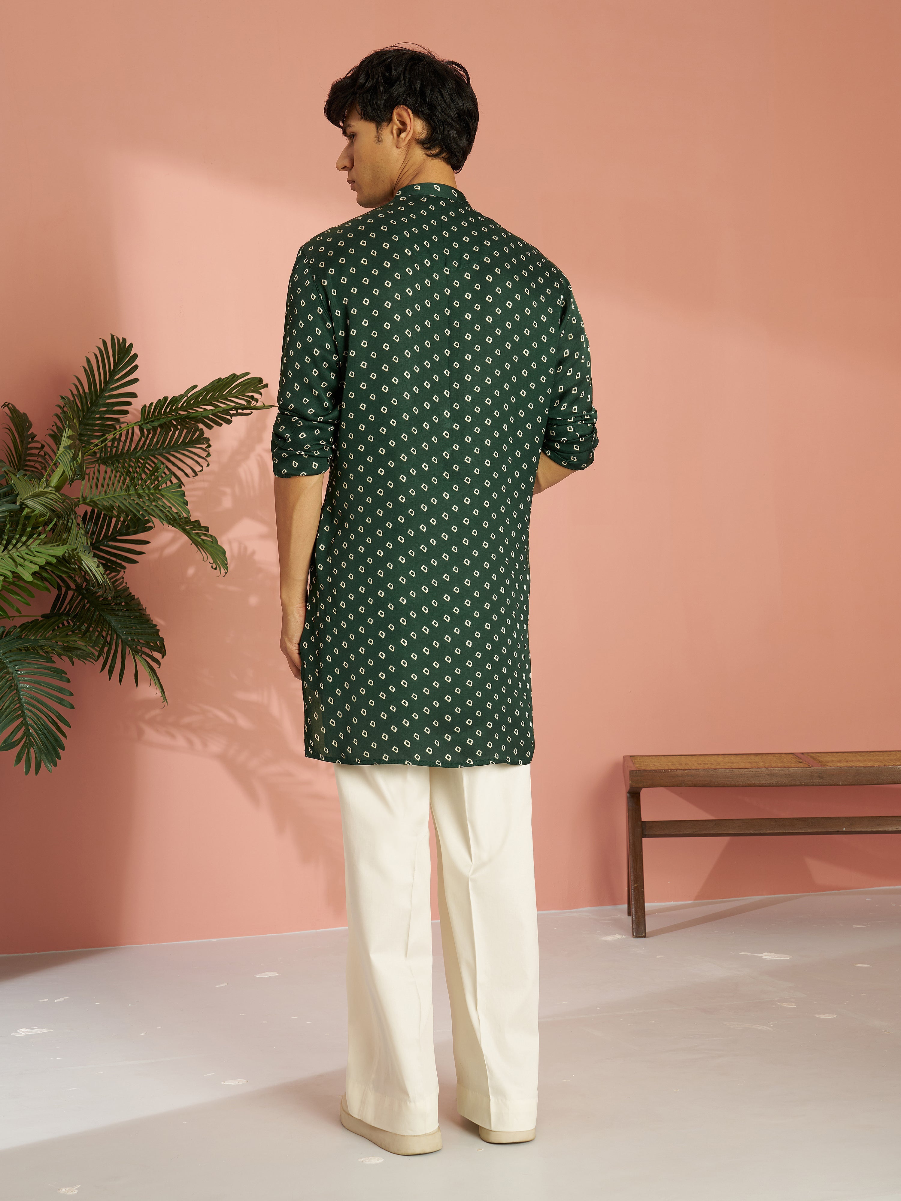 Men's Bottle Green Silk Blend Bandhani Kurta with Cream Wide Leg Palazzo Set