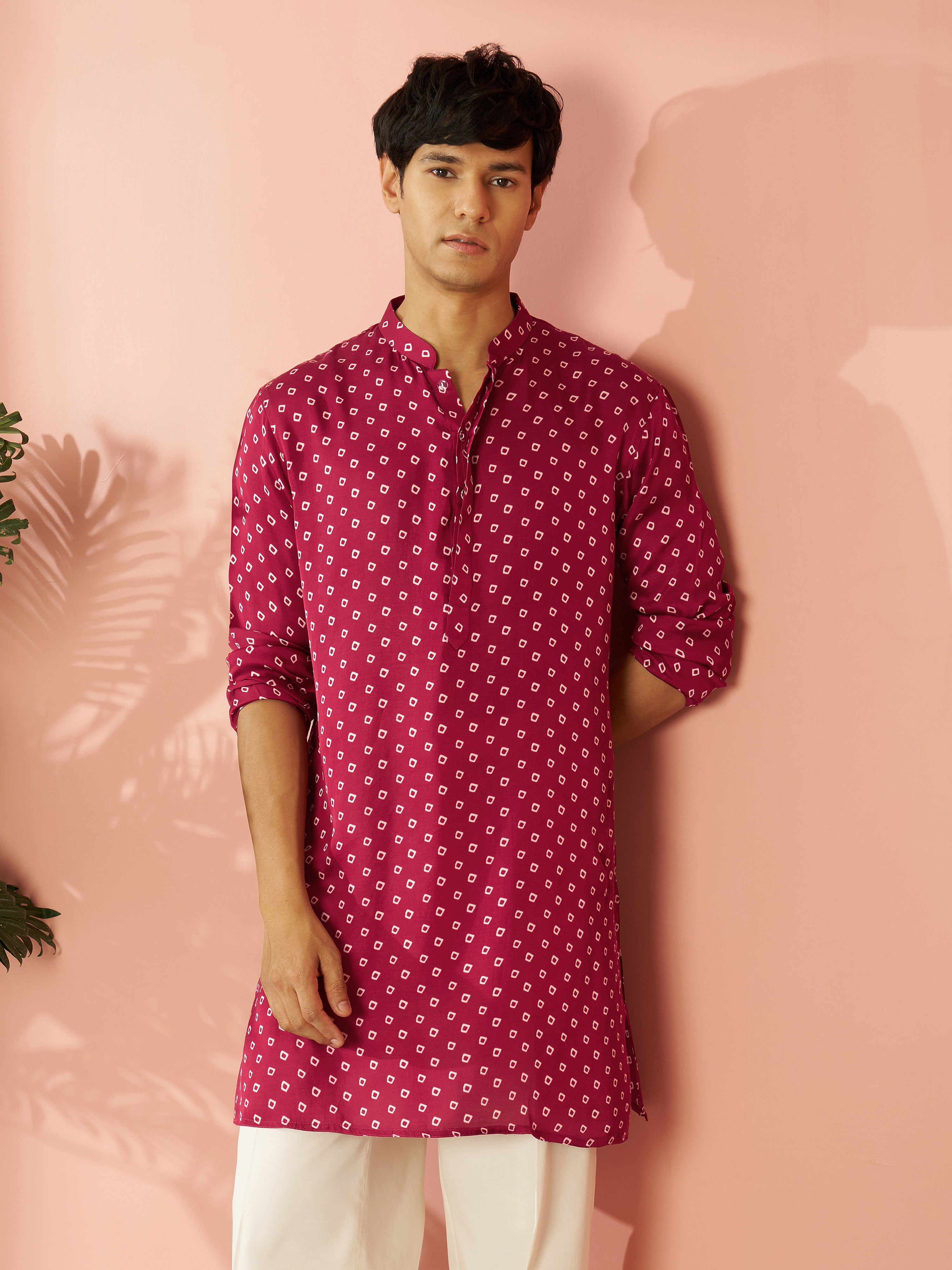 Men's Falsa Silk Blend Bandhani Digital Print Mid-Length Kurta