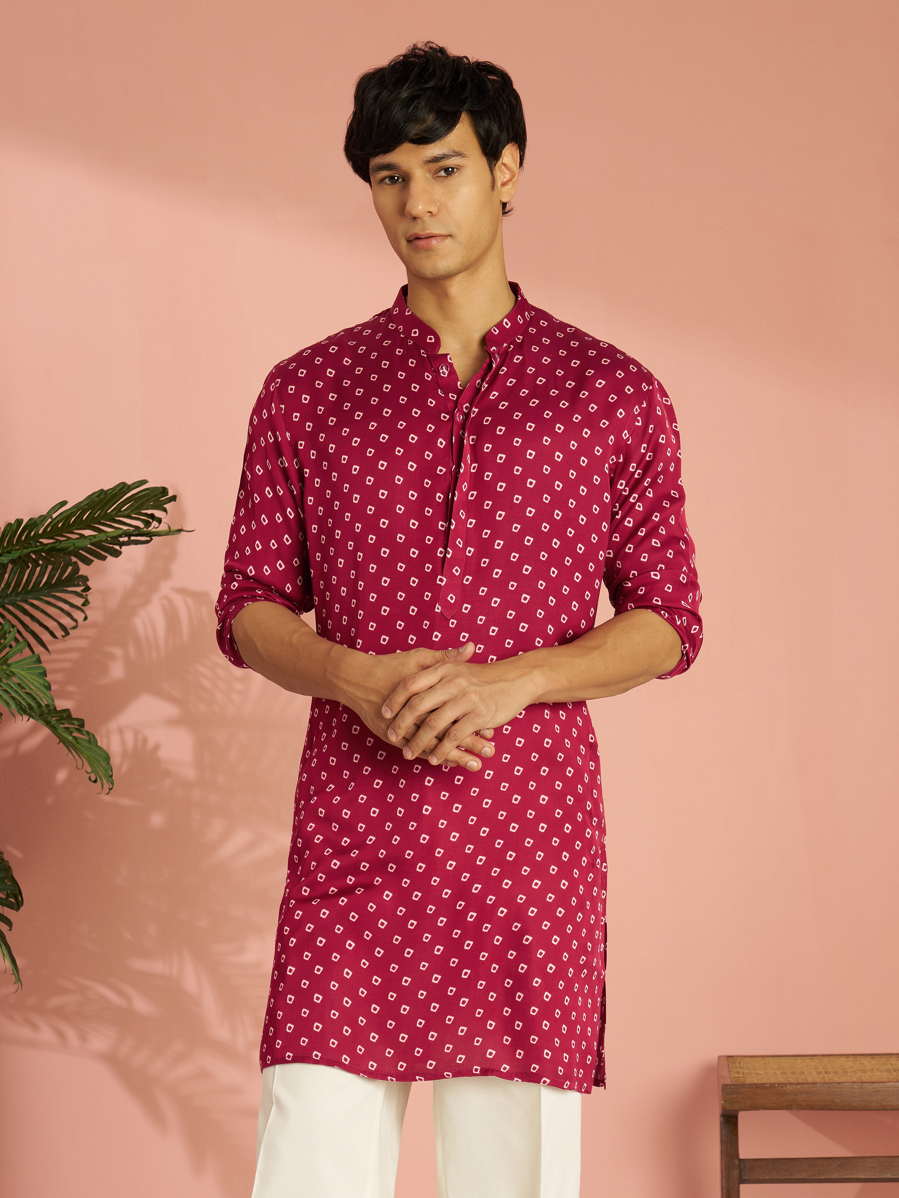 Men's Falsa Silk Blend Bandhani Digital Print Mid-Length Kurta