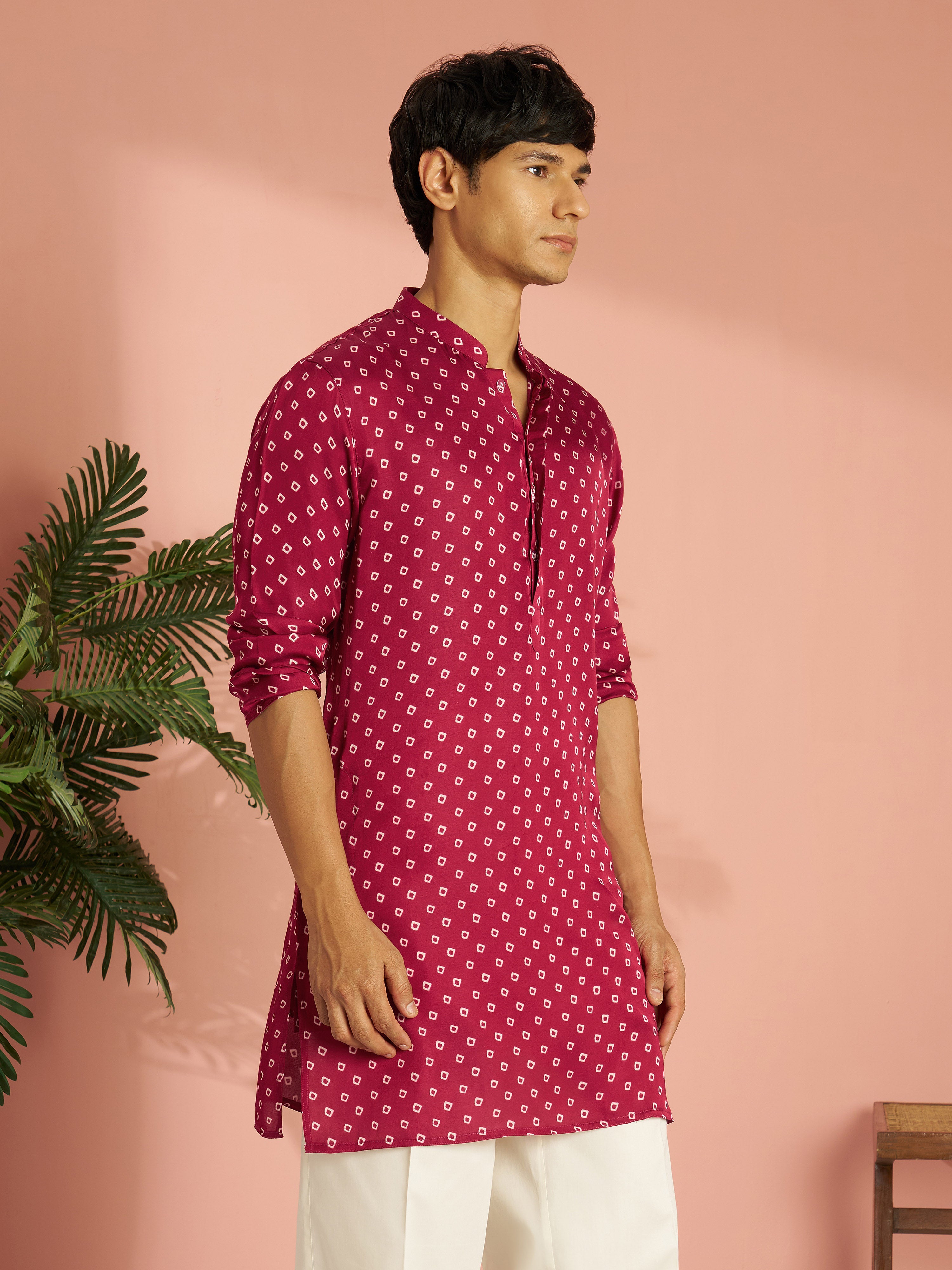 Men's Falsa Silk Blend Bandhani Digital Print Mid-Length Kurta