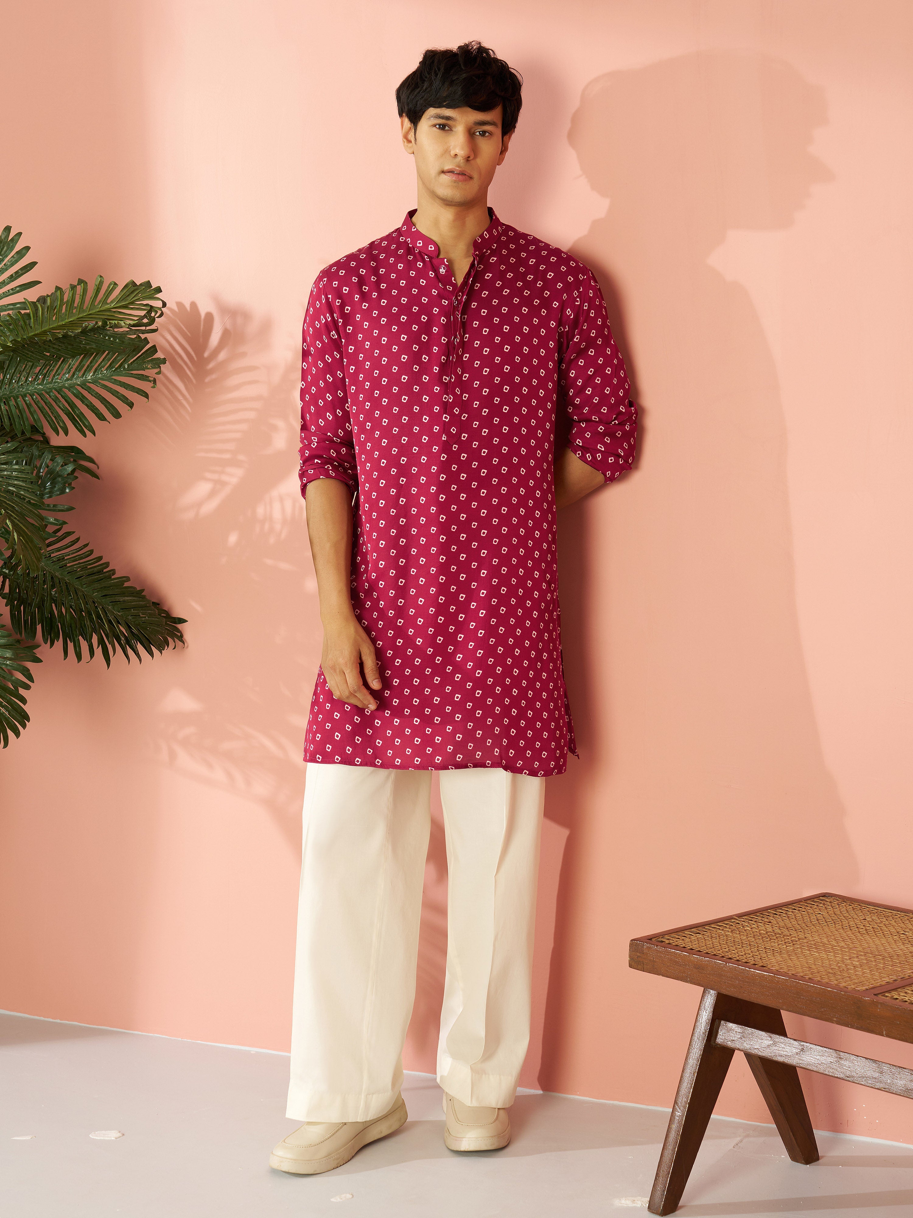 Men's Falsa Silk Blend Bandhani Kurta with Cream Wide Leg Palazzo Set