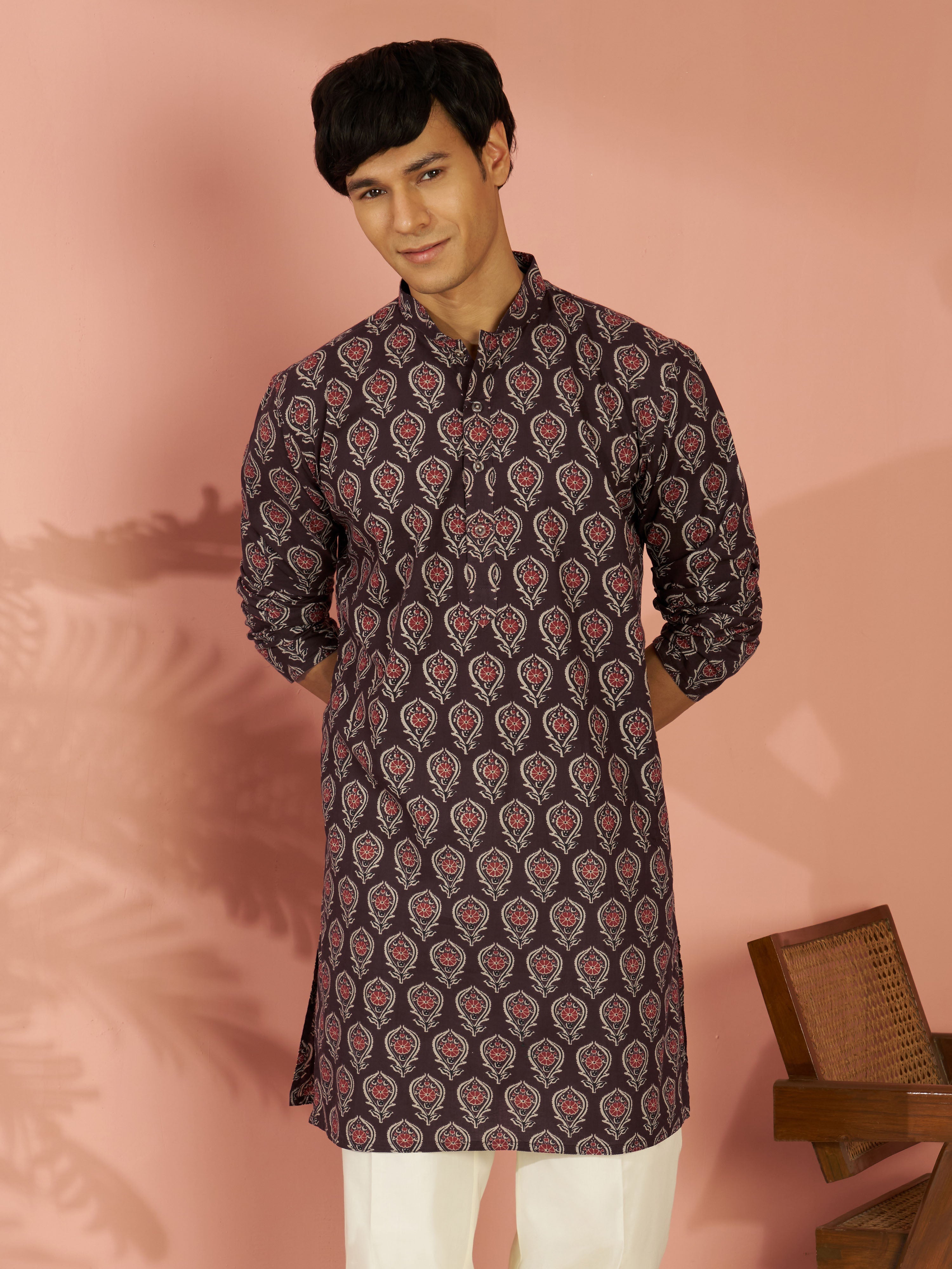 Men's Coffee Brown Cotton Ethnic Motif Printed Mid-Length Kurta