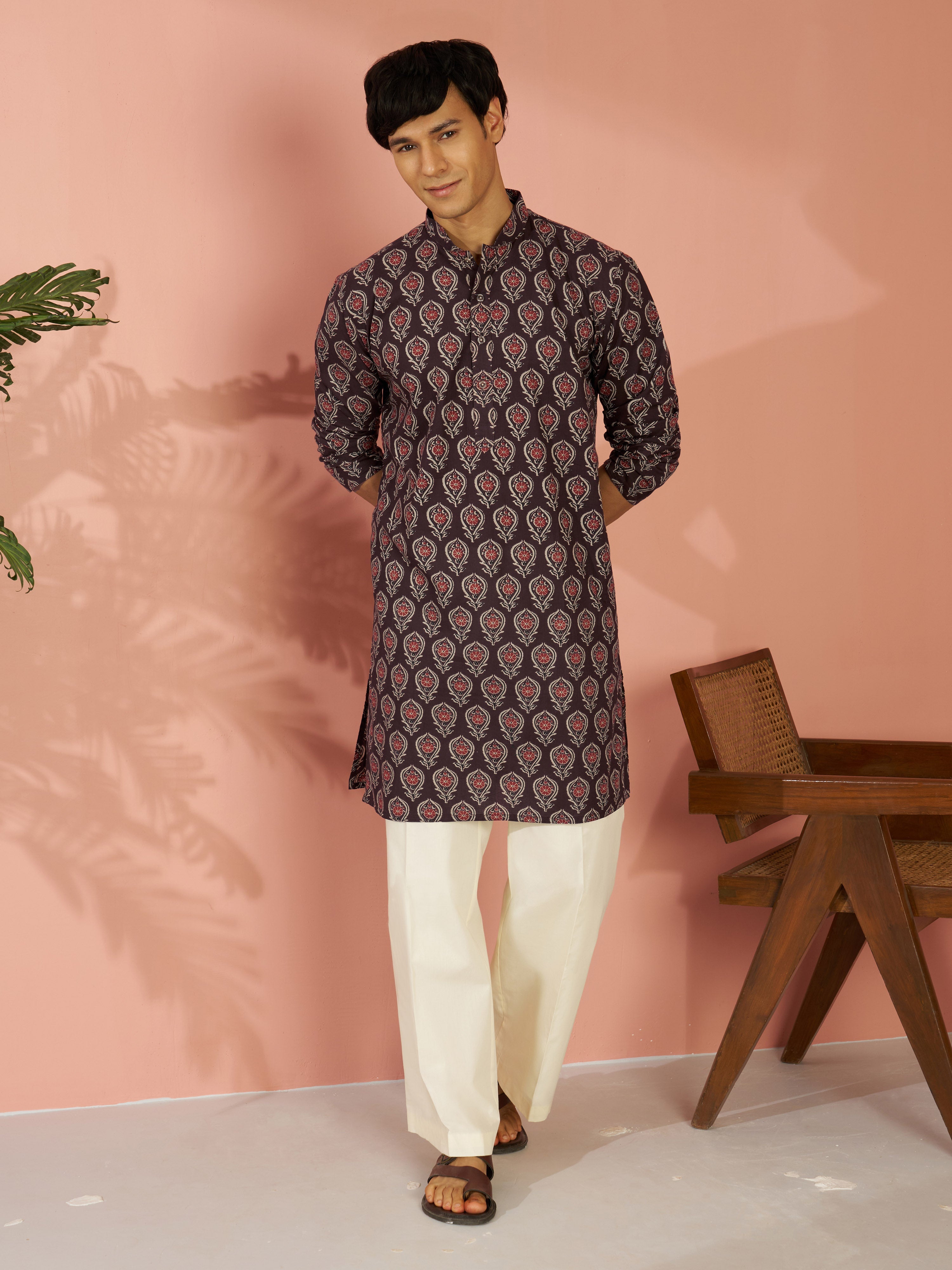 Men's Coffee Brown Cotton Ethnic Motif Printed Mid-Length Kurta