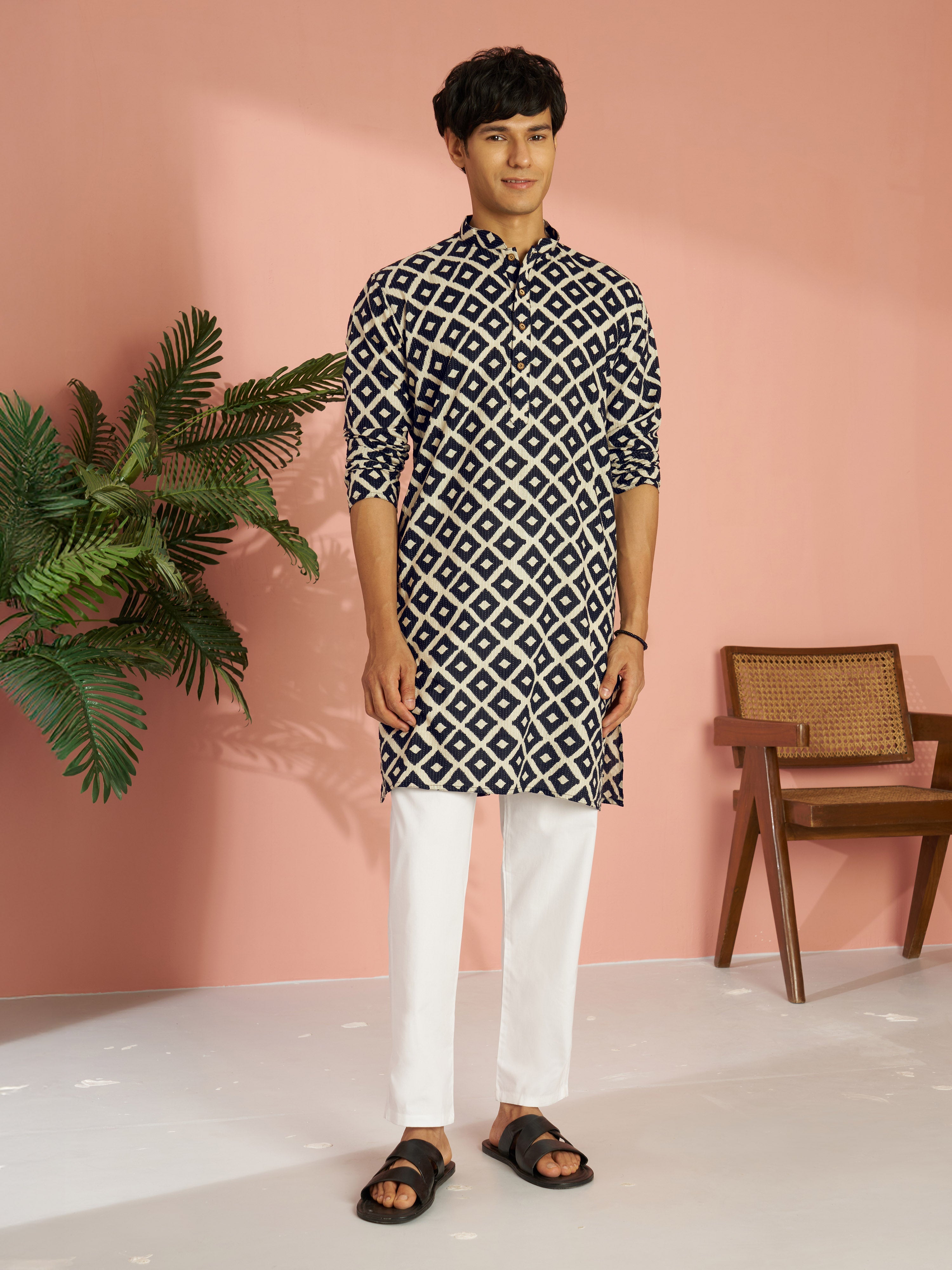 Men's Black Cotton Geometric Printed & Embroidered Kurta with White Pyjama Set