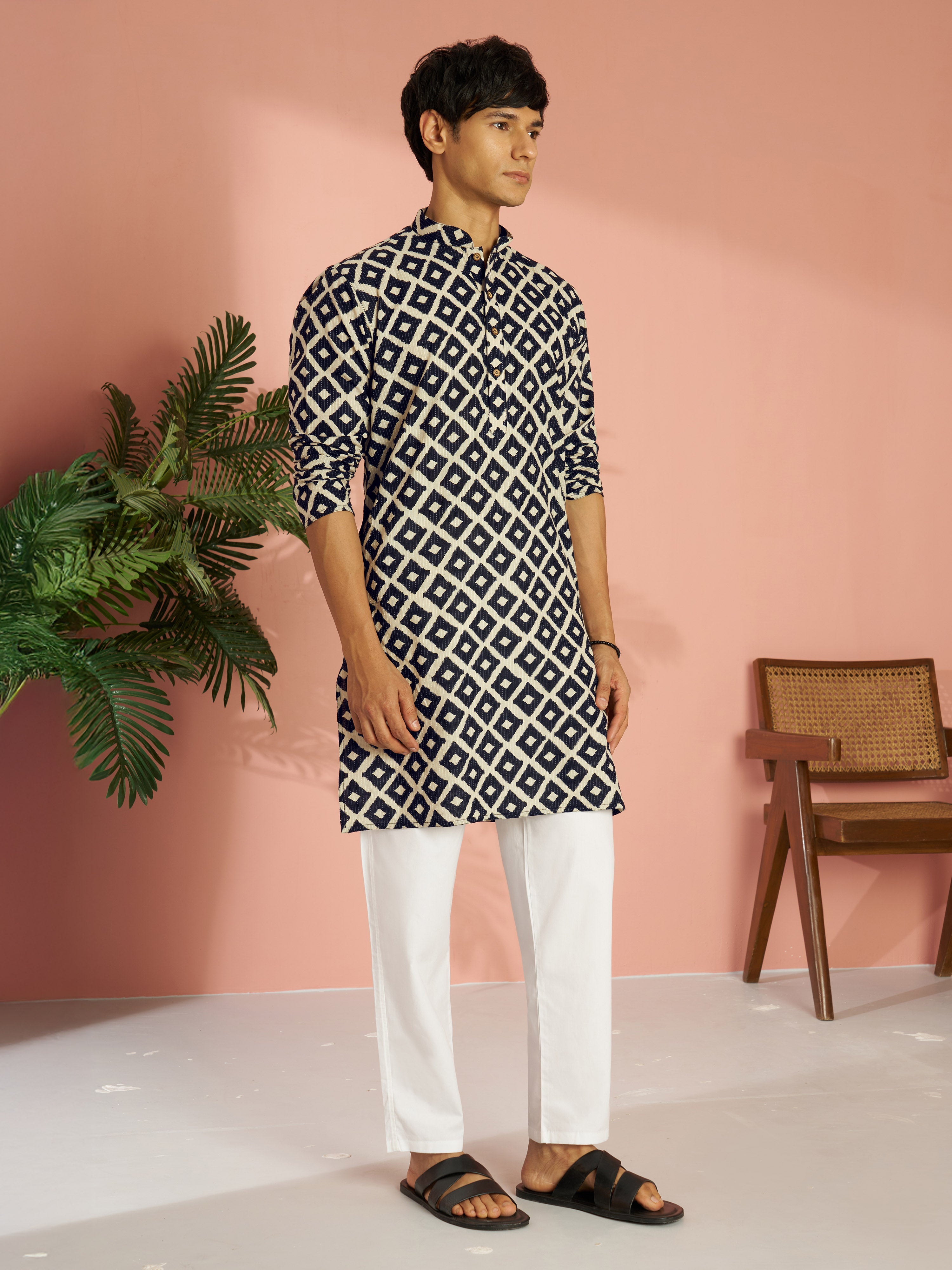 Men's Black Cotton Geometric Printed & Embroidered Kurta with White Pyjama Set