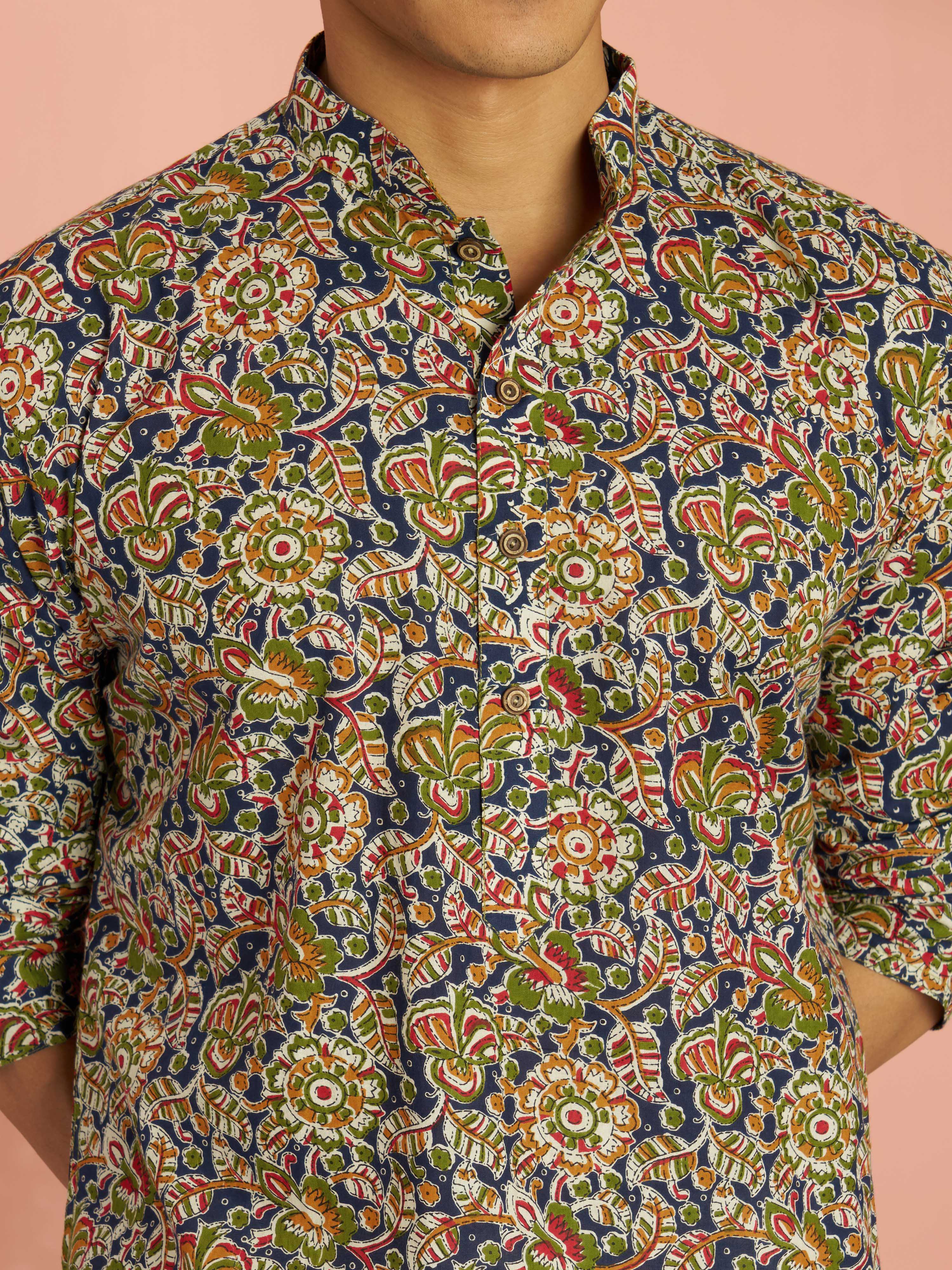 Men's Multicolour Cotton Floral Printed Mid-Length Kurta