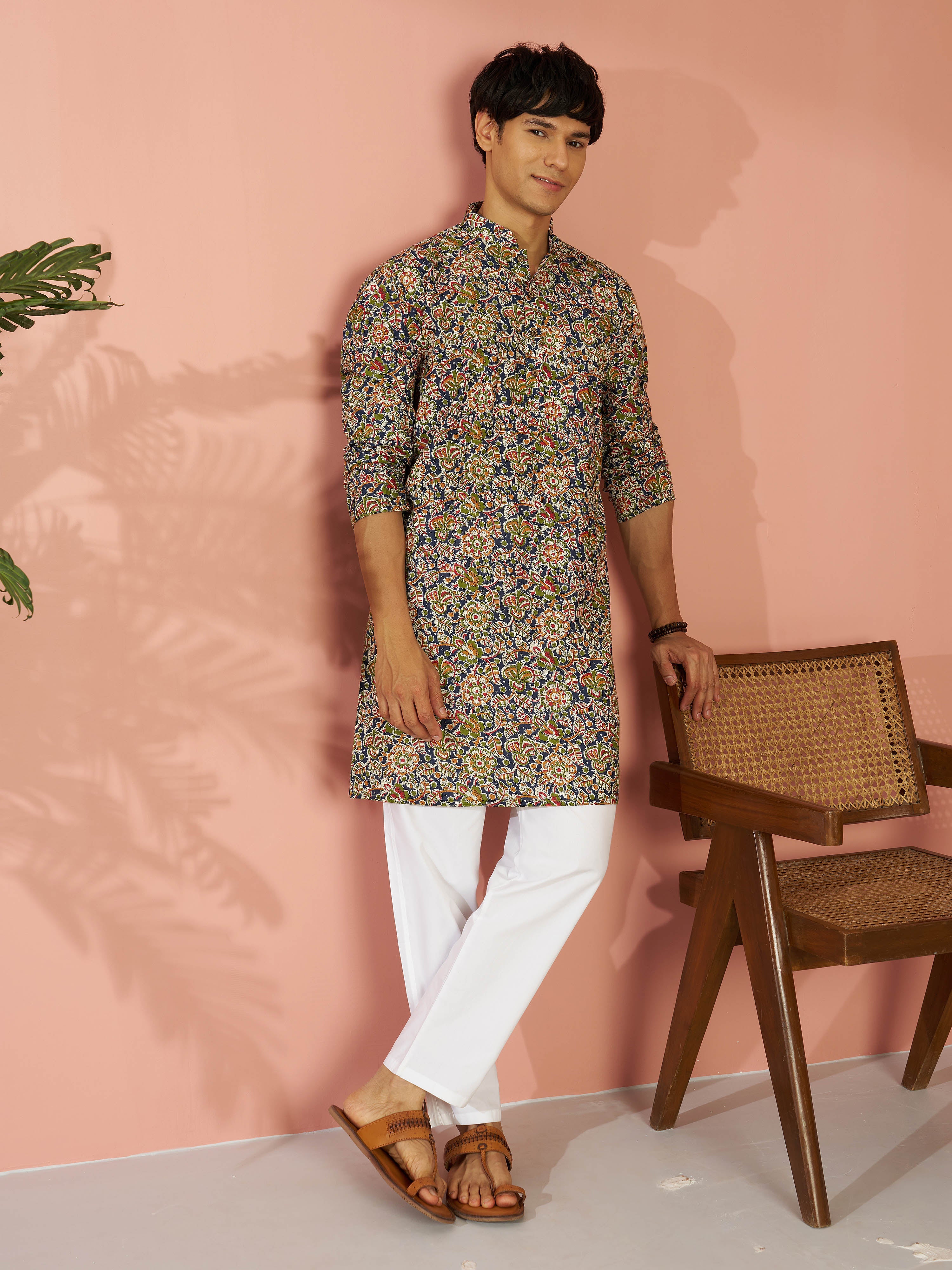 Men's Multicolour Cotton Floral Printed Kurta with White Pyjama Set