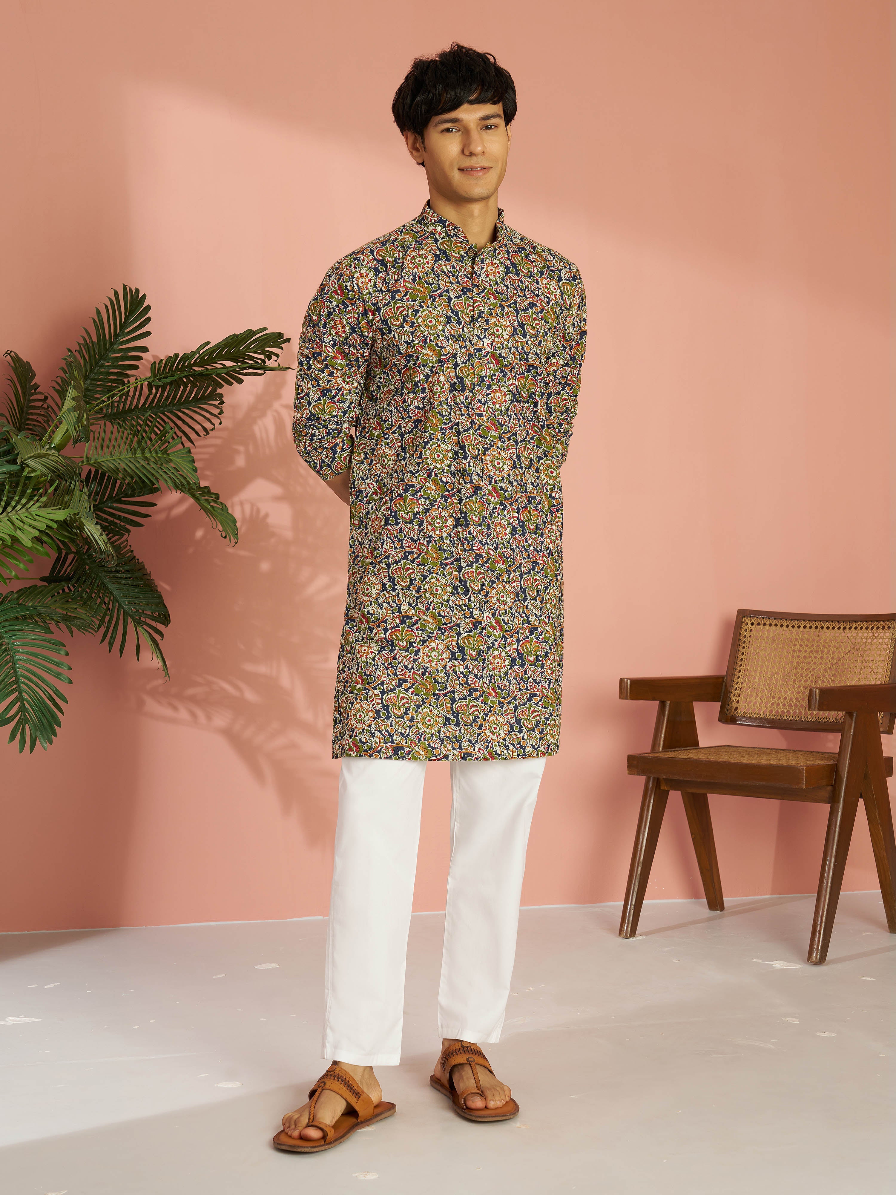 Men's Multicolour Cotton Floral Printed Kurta with White Pyjama Set