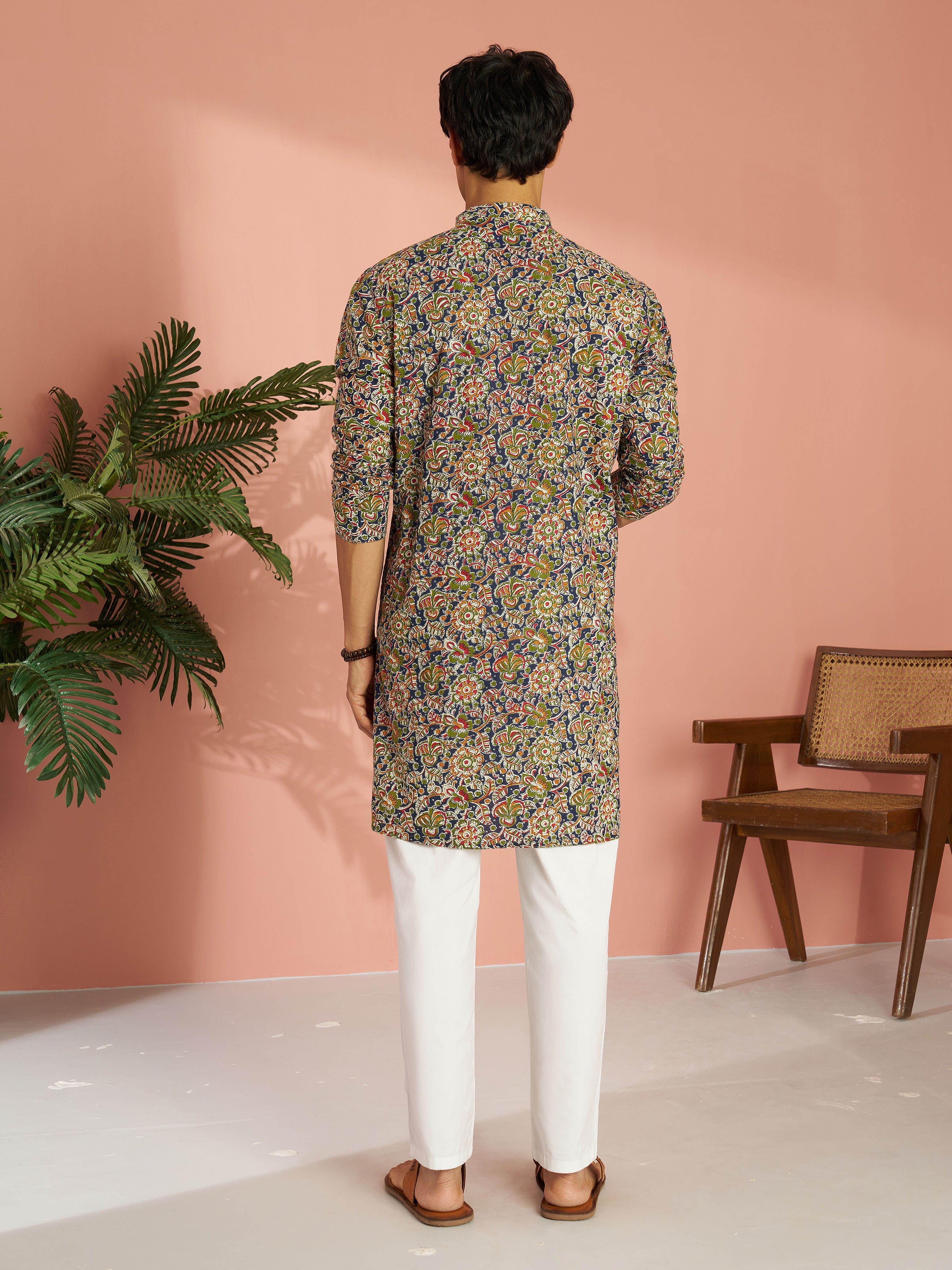 Men's Multicolour Cotton Floral Printed Kurta with White Pyjama Set