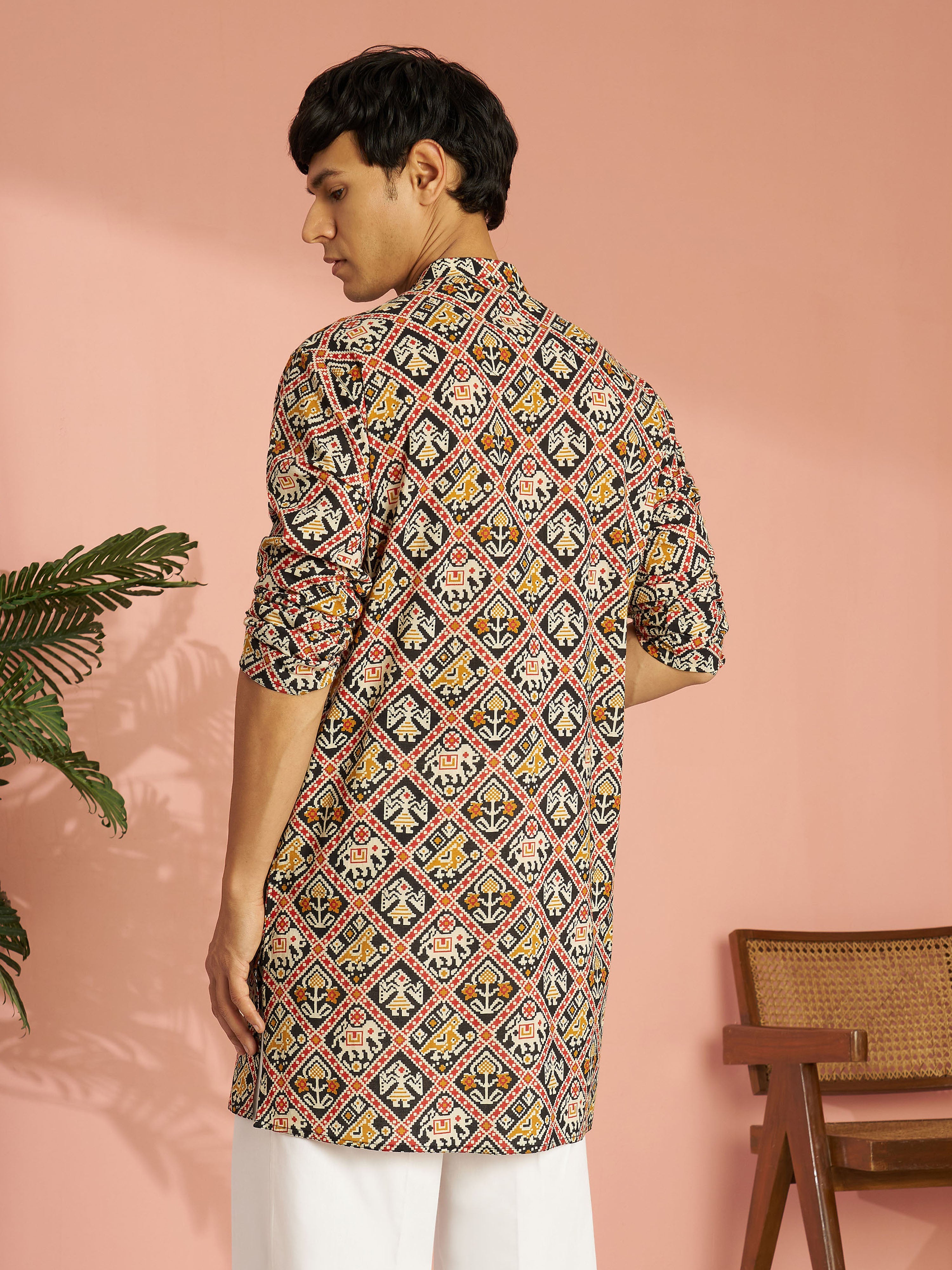 Men's Black Cotton Patola Printed Mid-Length Kurta