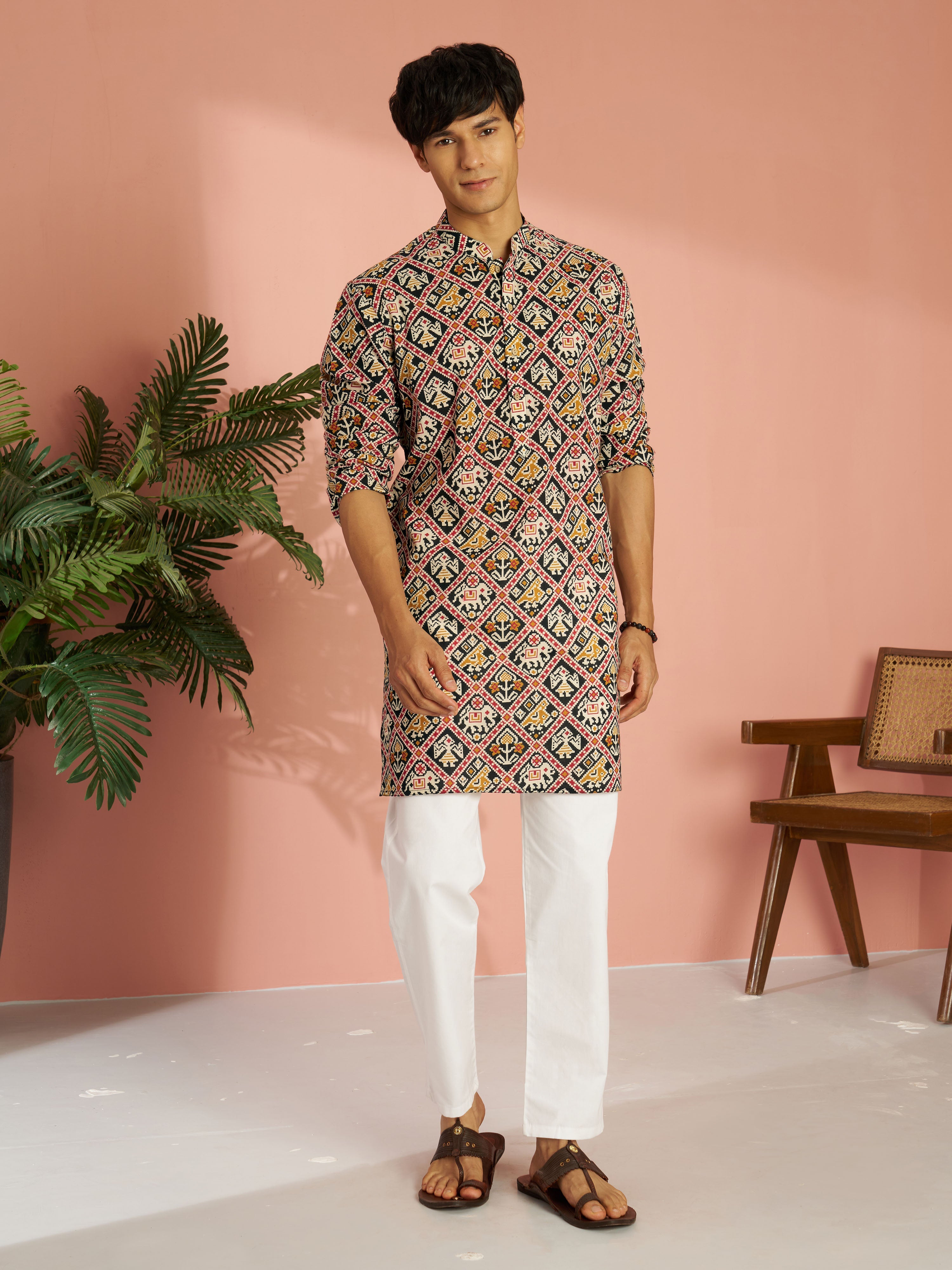 Men's Black Cotton Patola Printed Kurta with White Pyjama Set
