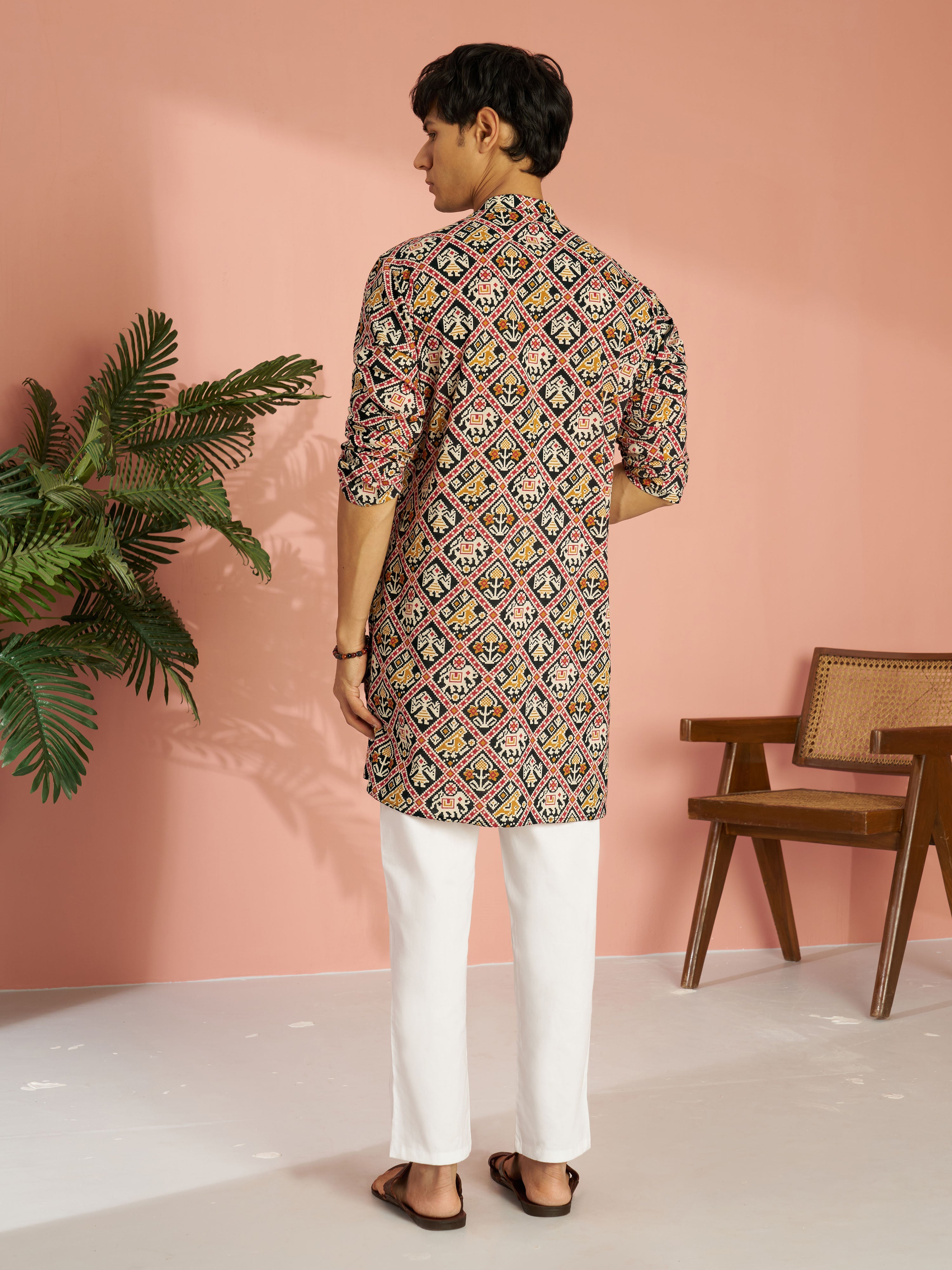 Men's Black Cotton Patola Printed Kurta with White Pyjama Set