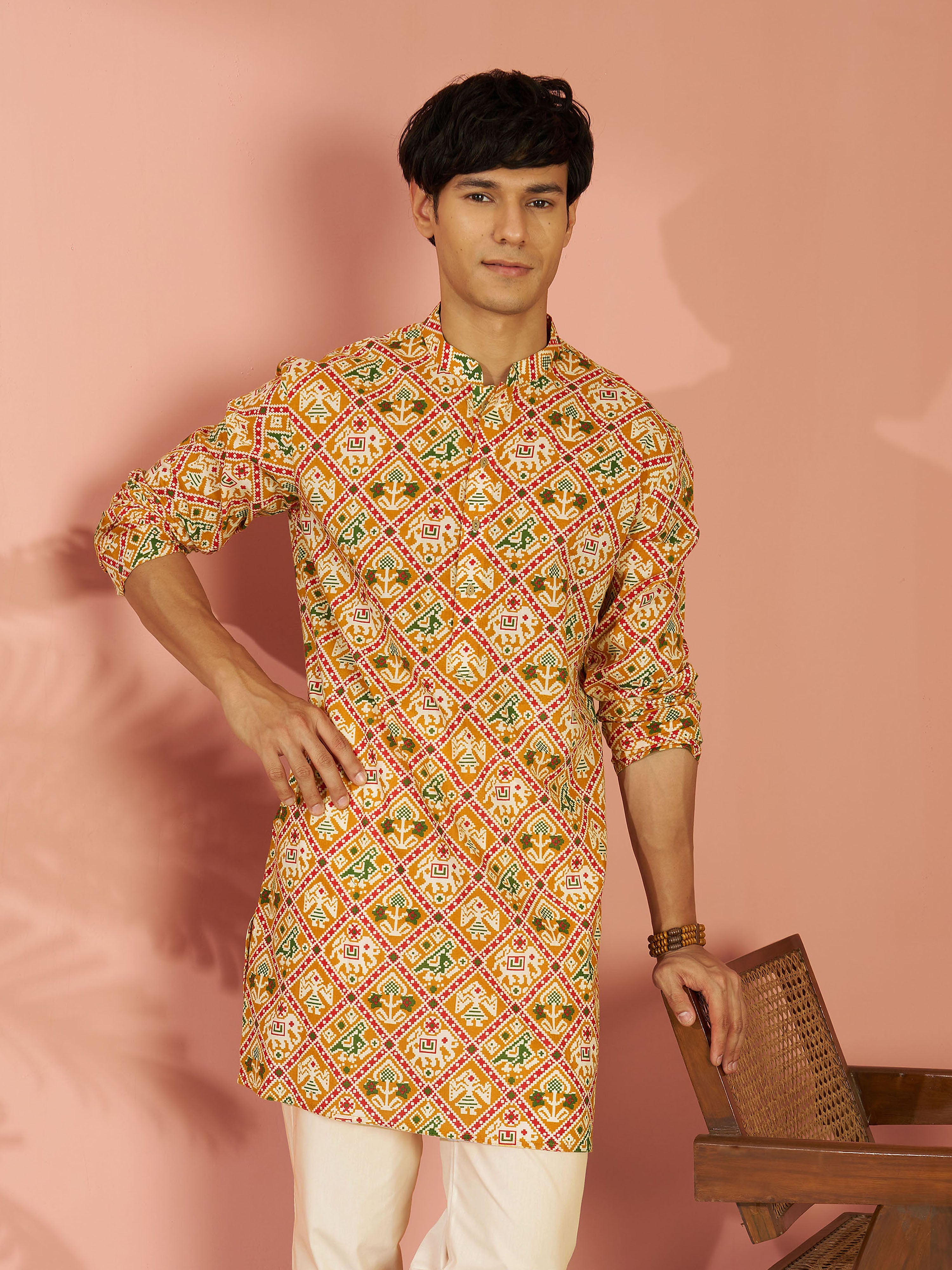 Men's Yellow Cotton Patola Printed Mid-Length Kurta