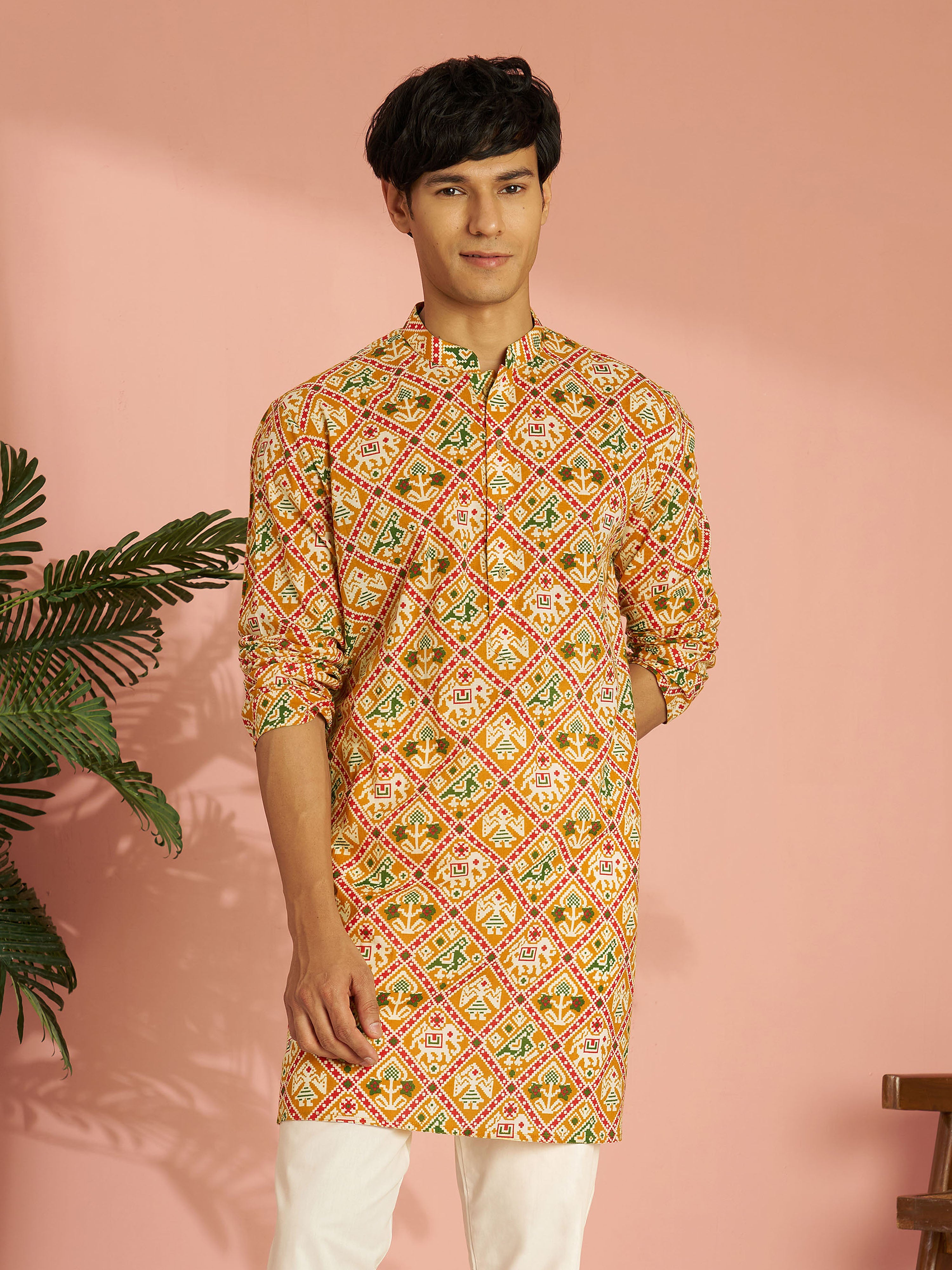 Men's Yellow Cotton Patola Printed Mid-Length Kurta