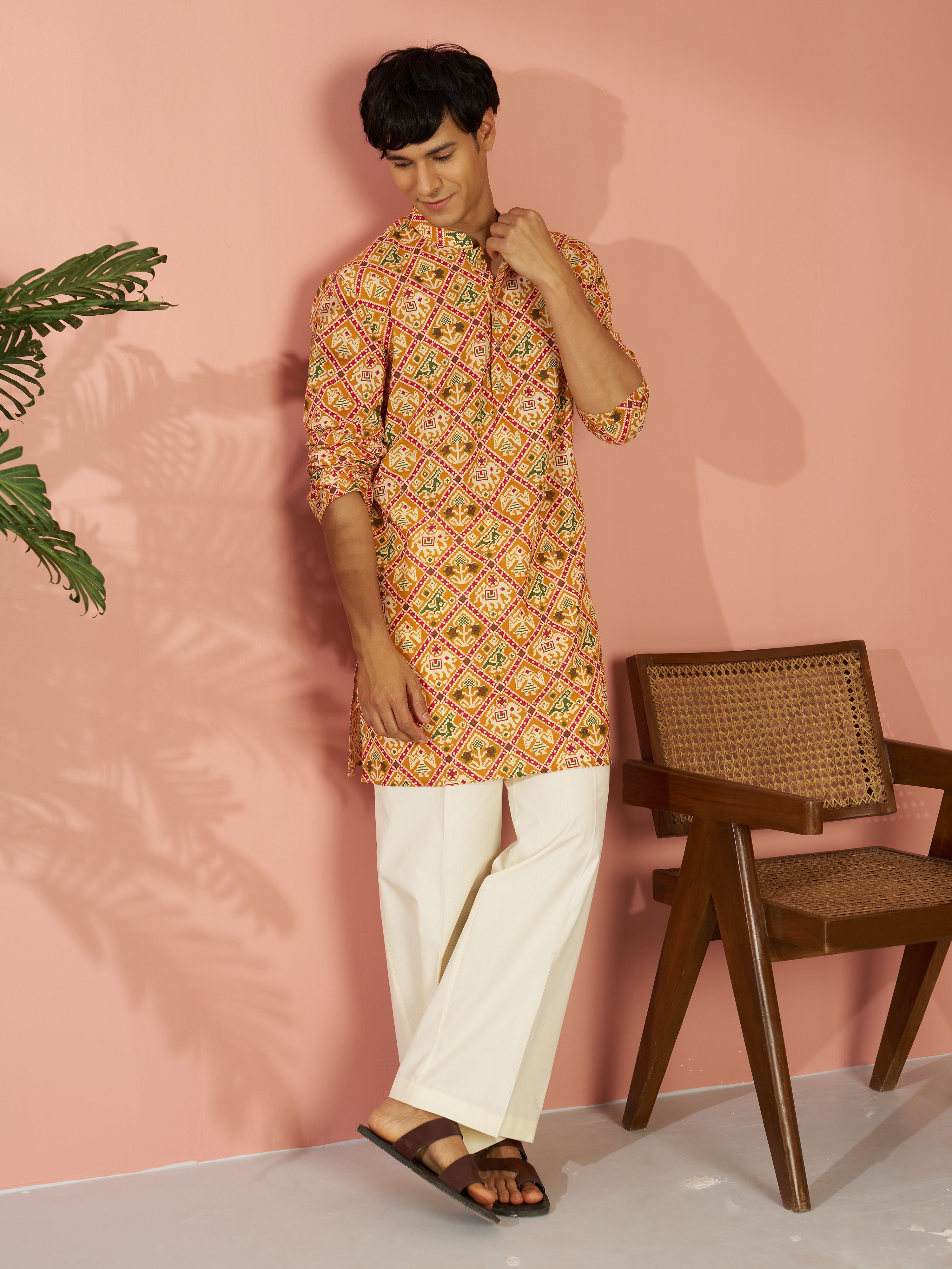 Men's Yellow Cotton Patola Printed Kurta with Cream Wide Leg Pant Set