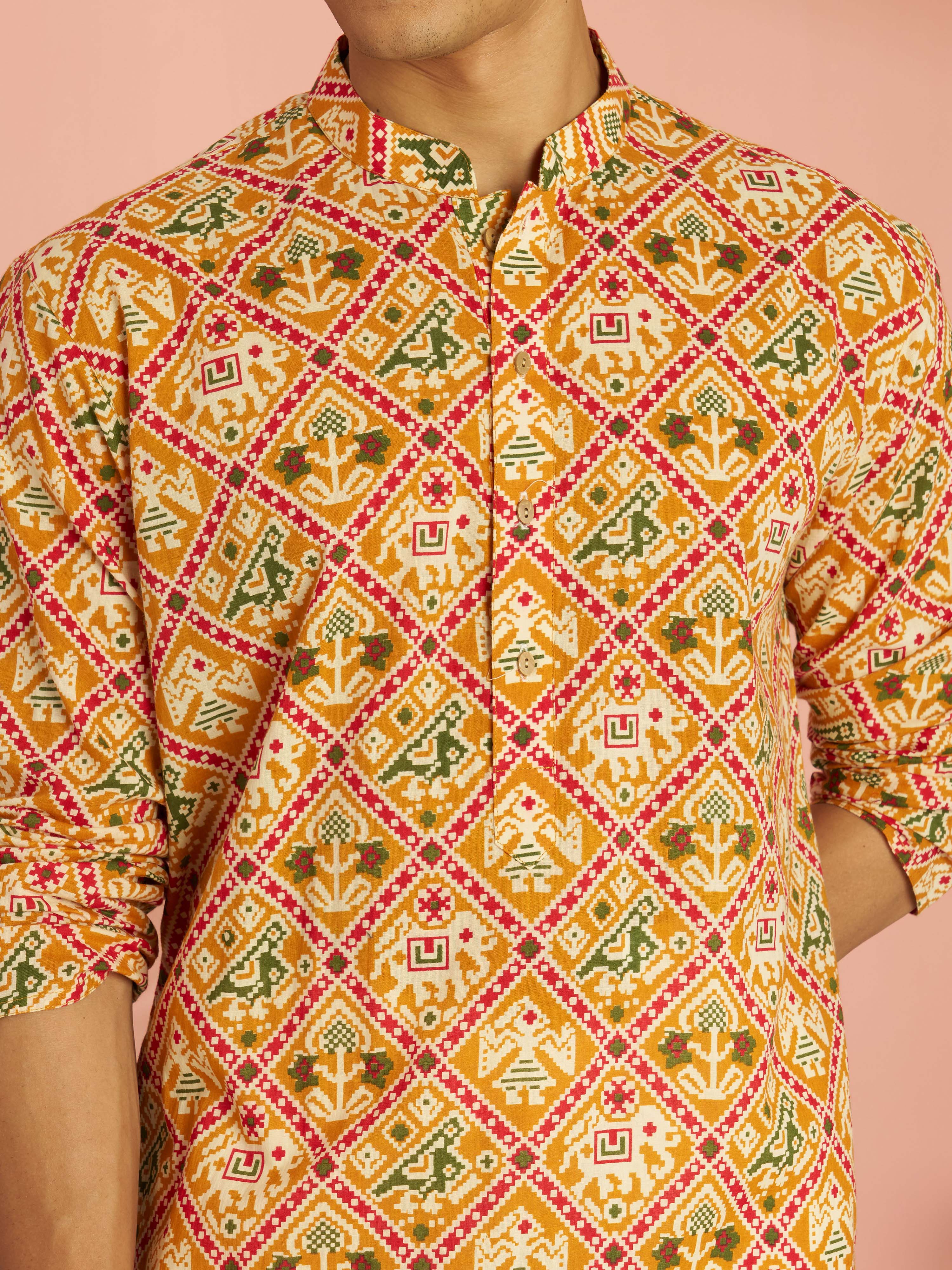 Men's Yellow Cotton Patola Printed Kurta with Cream Wide Leg Pant Set