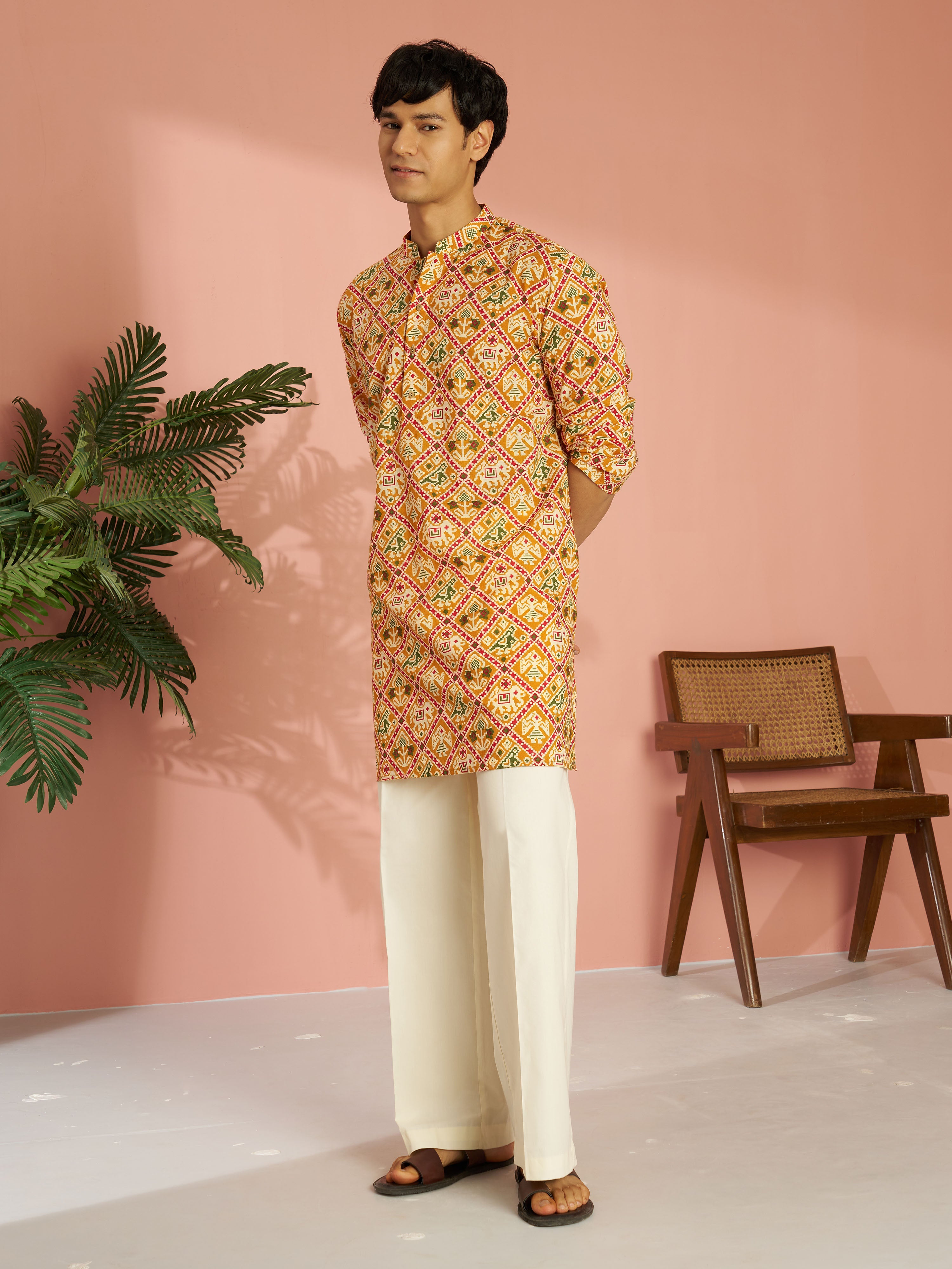 Men's Yellow Cotton Patola Printed Kurta with Cream Wide Leg Pant Set