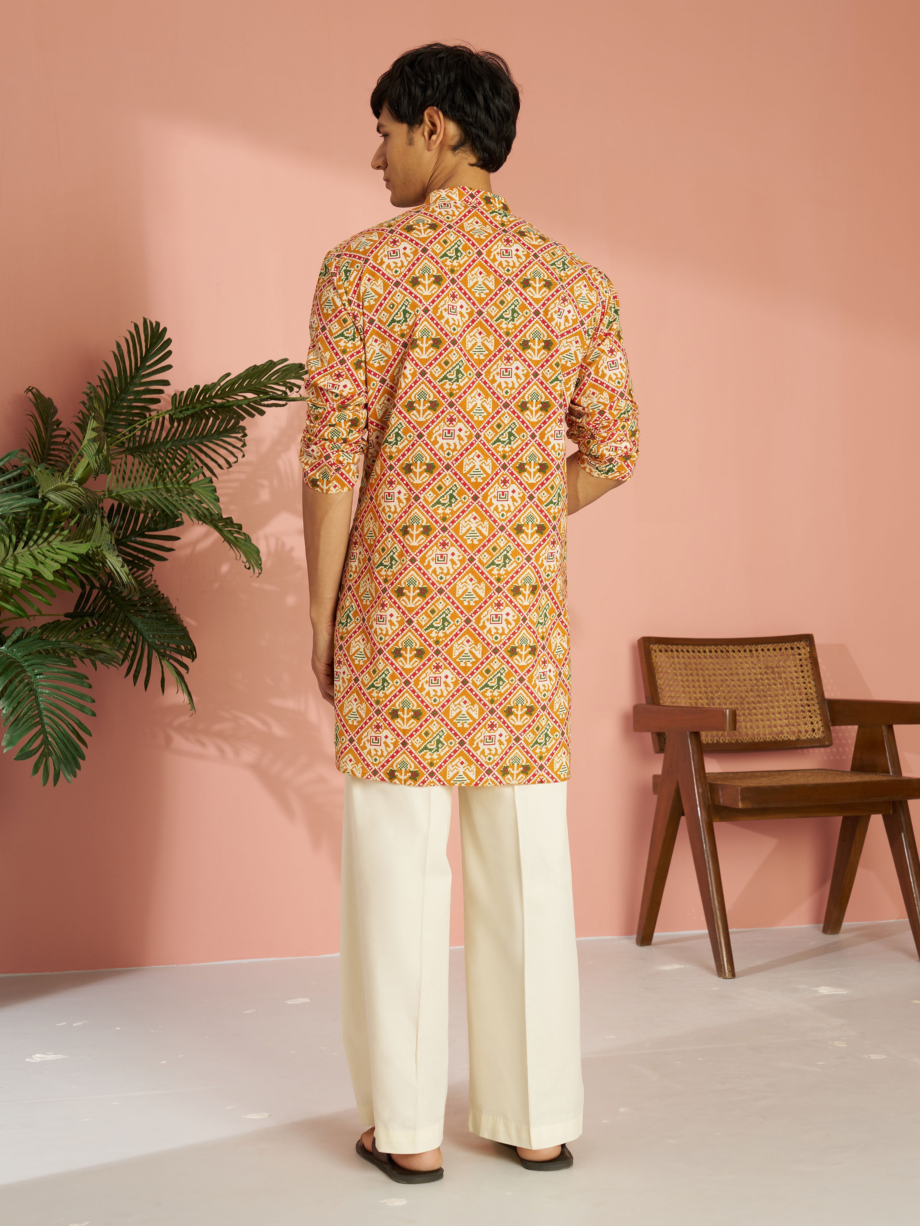 Men's Yellow Cotton Patola Printed Kurta with Cream Wide Leg Pant Set