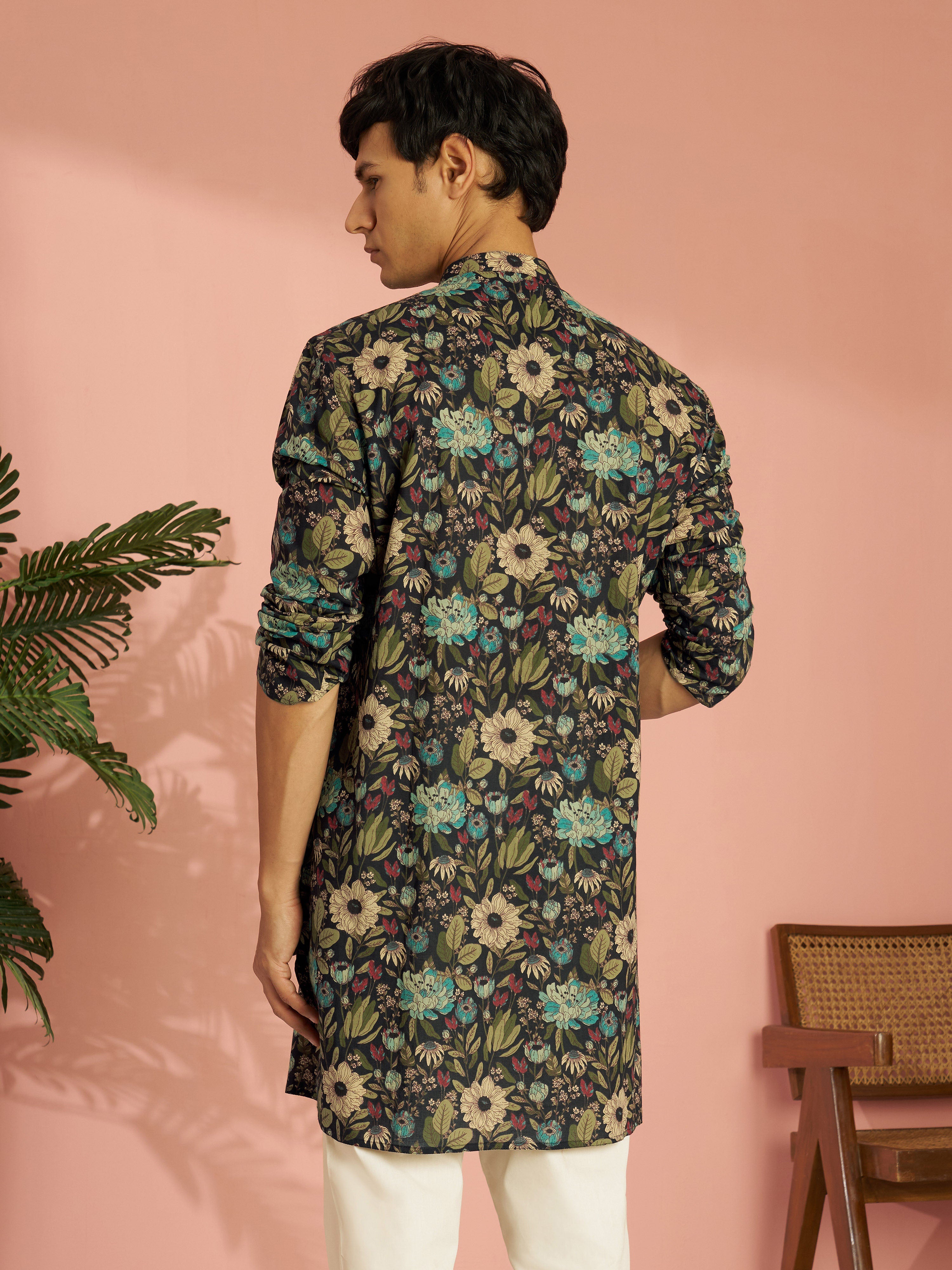 Men's Black Cotton Floral Printed Mid-Length Kurta