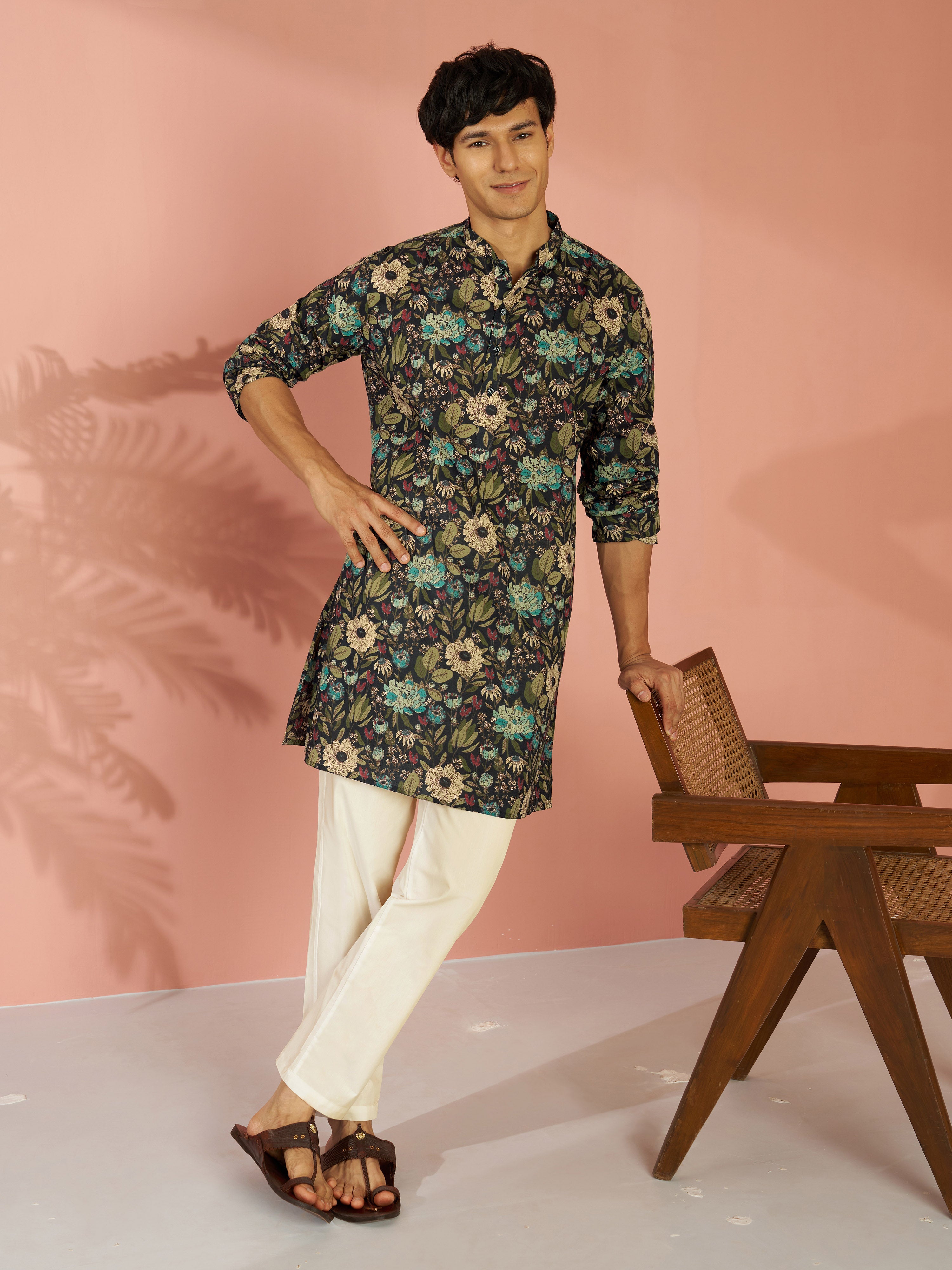 Men's Black Cotton Floral Printed Mid-Length Kurta