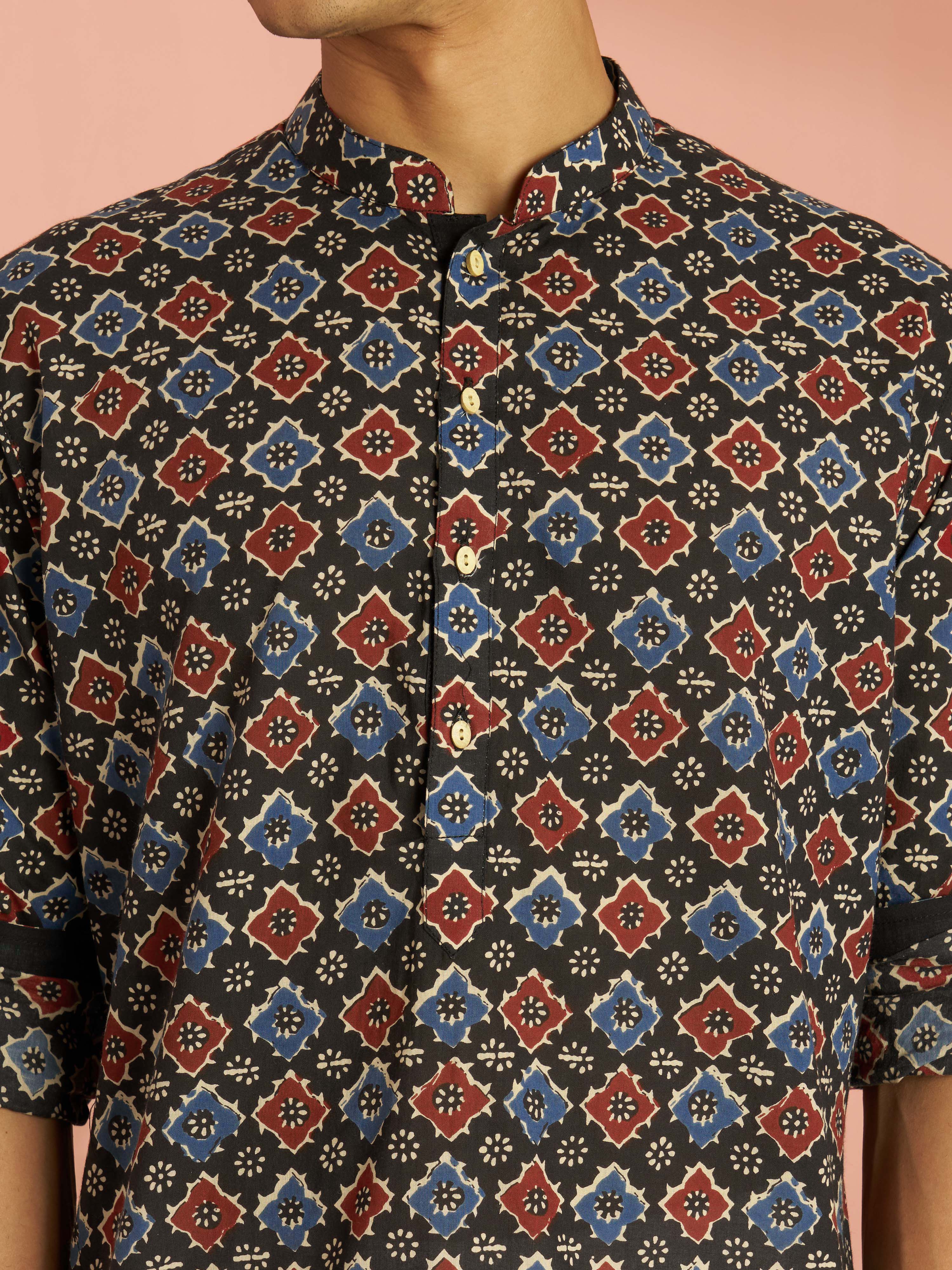 Men's Black Cotton Geometric Printed Cuffed Kurta with White Pyjama Set