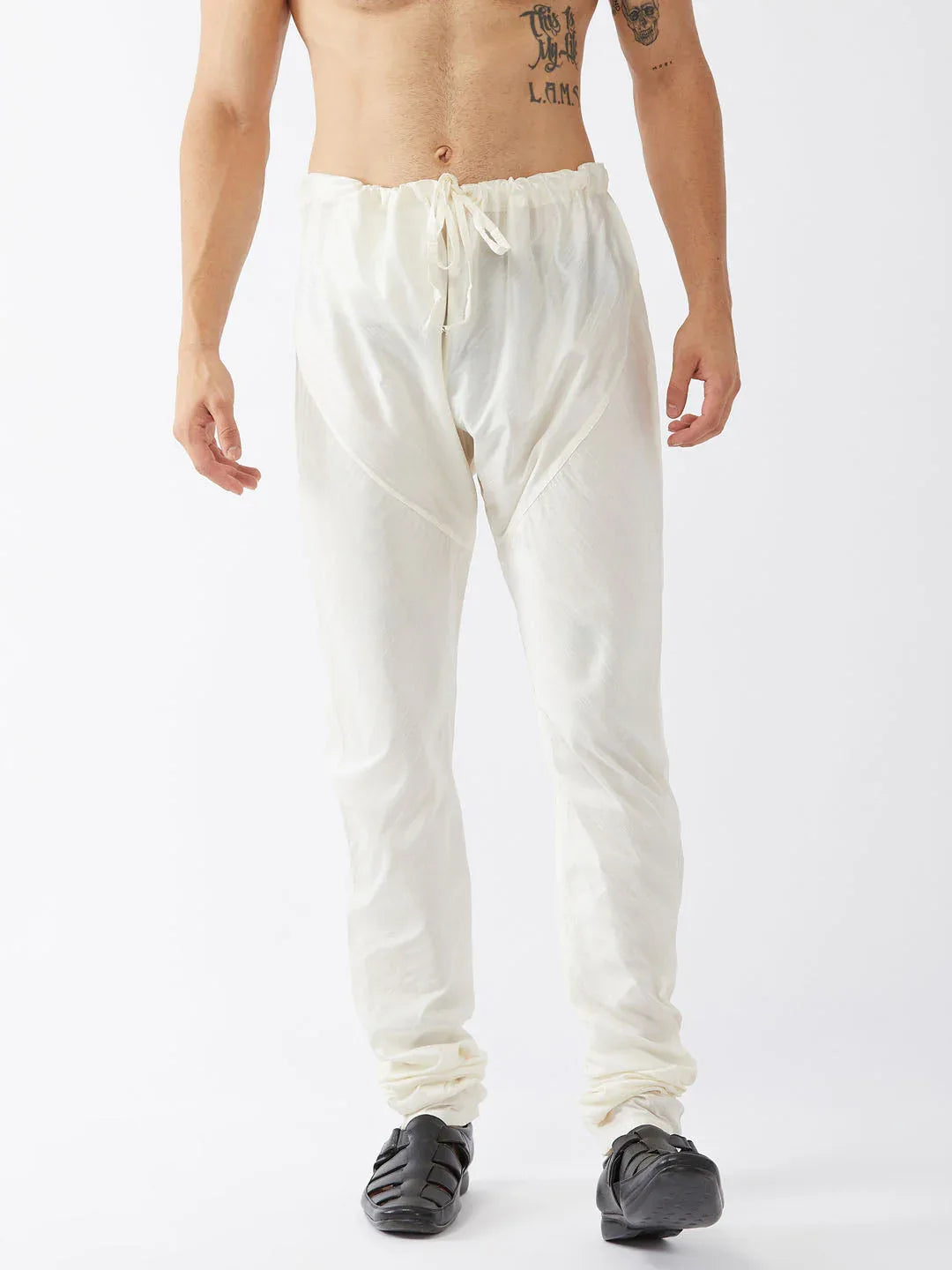VASTRAMAY Men's Cream Solid Relax Fit Churidar