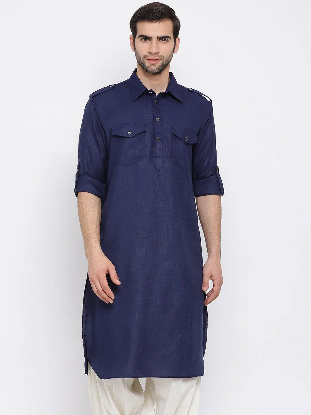 Men's Blue Cotton Blend Pathani Style Kurta