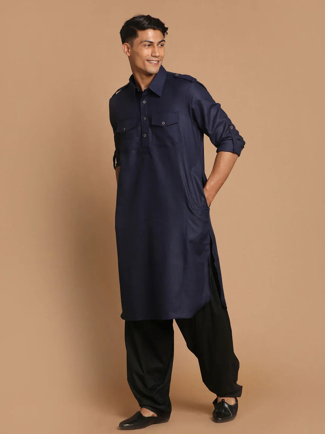 Men's Blue Cotton Blend Pathani Suit Set