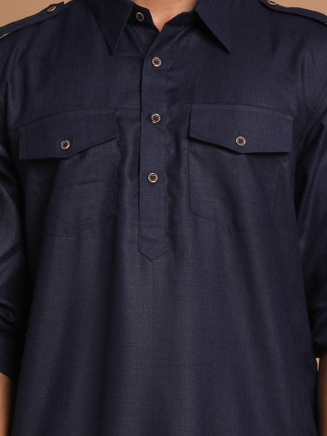 Men's Blue Cotton Blend Pathani Suit Set