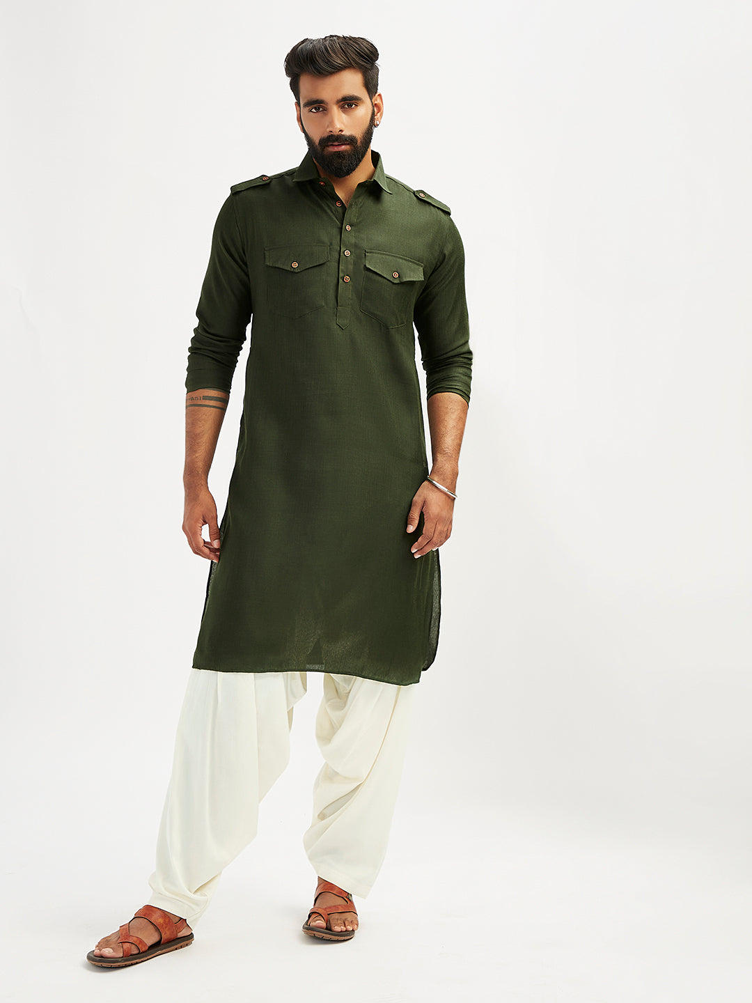 Men's Mehendi Green And Cream Cotton Blend Pathani Kurta Set
