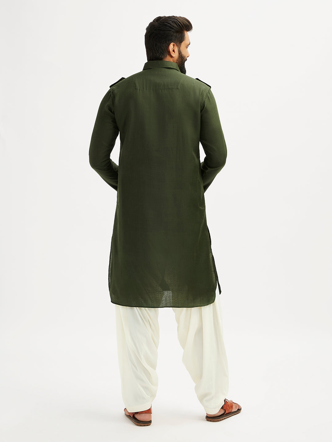 Men's Mehendi Green And Cream Cotton Blend Pathani Kurta Set
