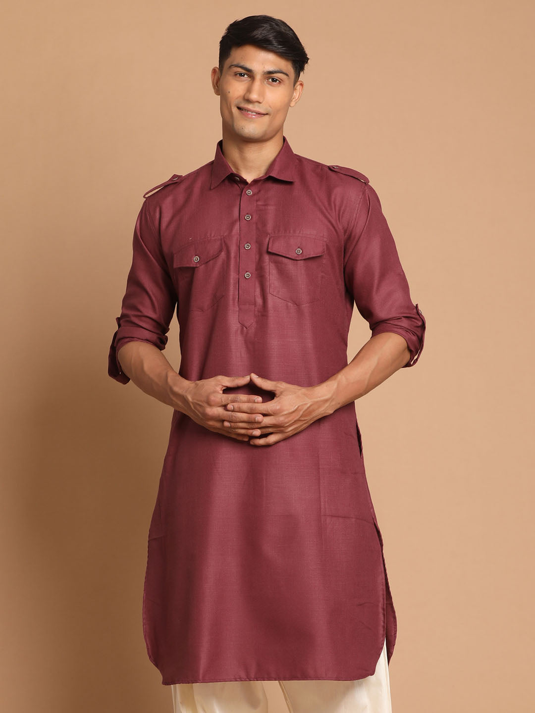 Men's Purple Cotton Blend Pathani Style Kurta