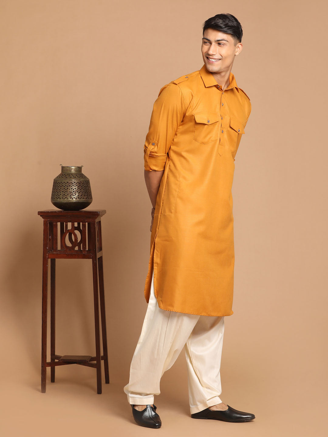 Men's Rust Pathani Cotton Blend Kurta