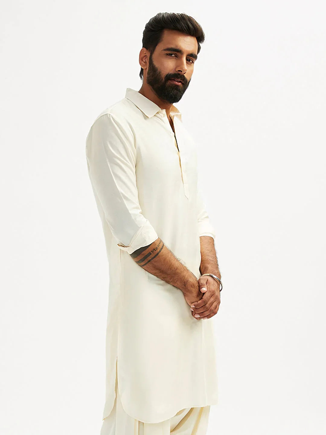 Men’s Solid Cotton Pathani Kurta with Shirt Collar and Full Sleeves