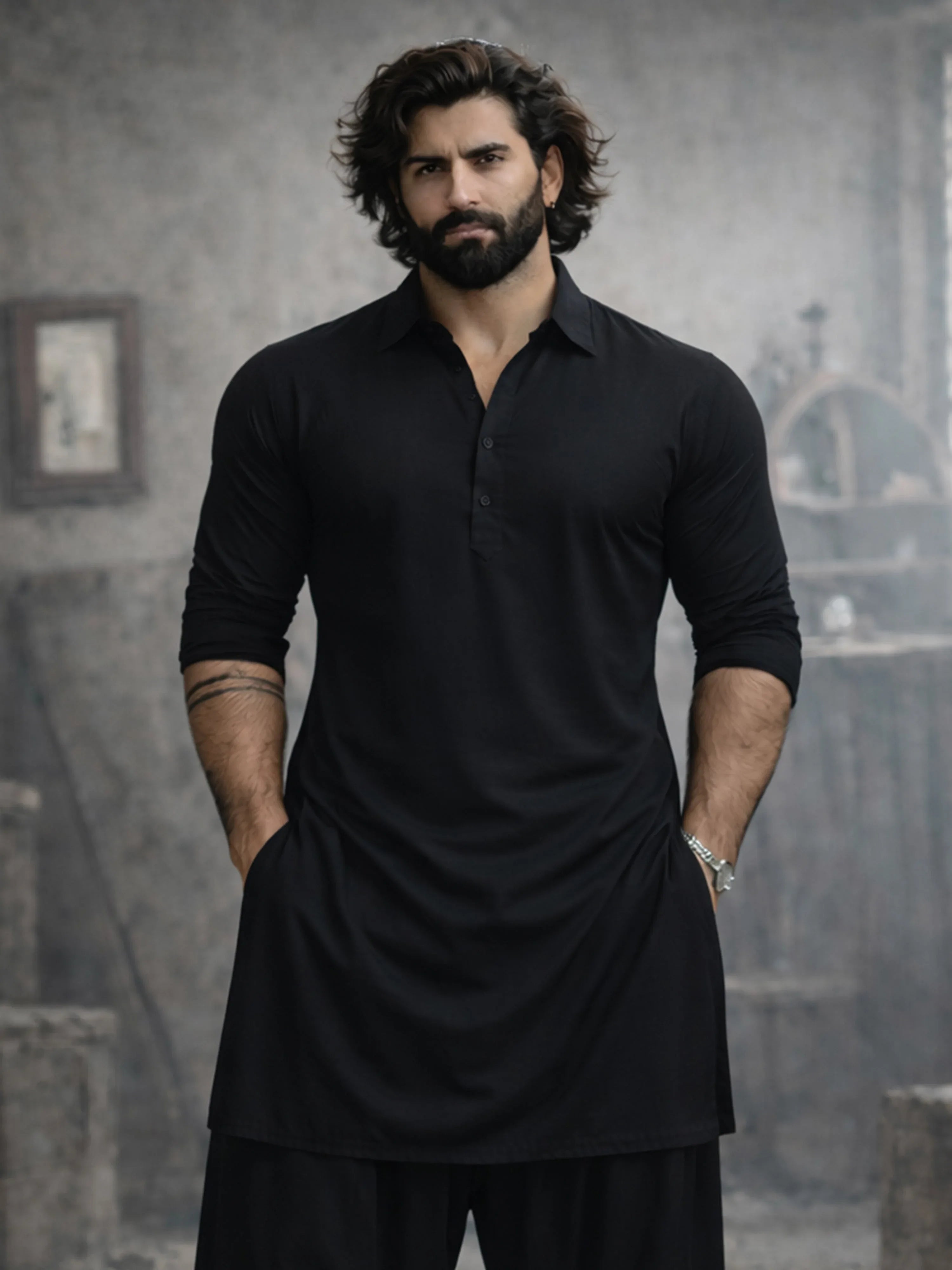 Men's Black And White Viscose Pathani