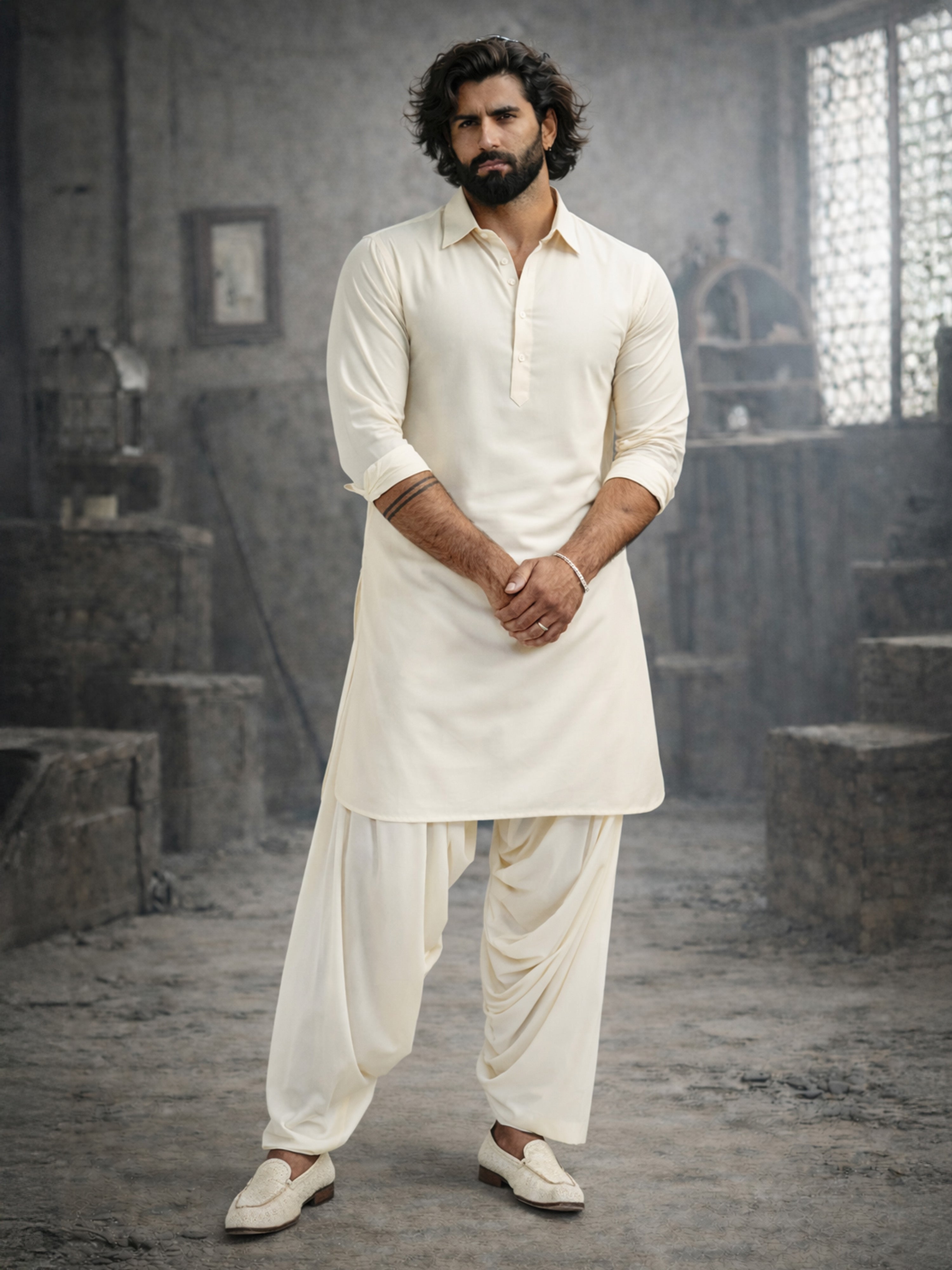 Men's Cream Viscose Pathani Kurta Set
