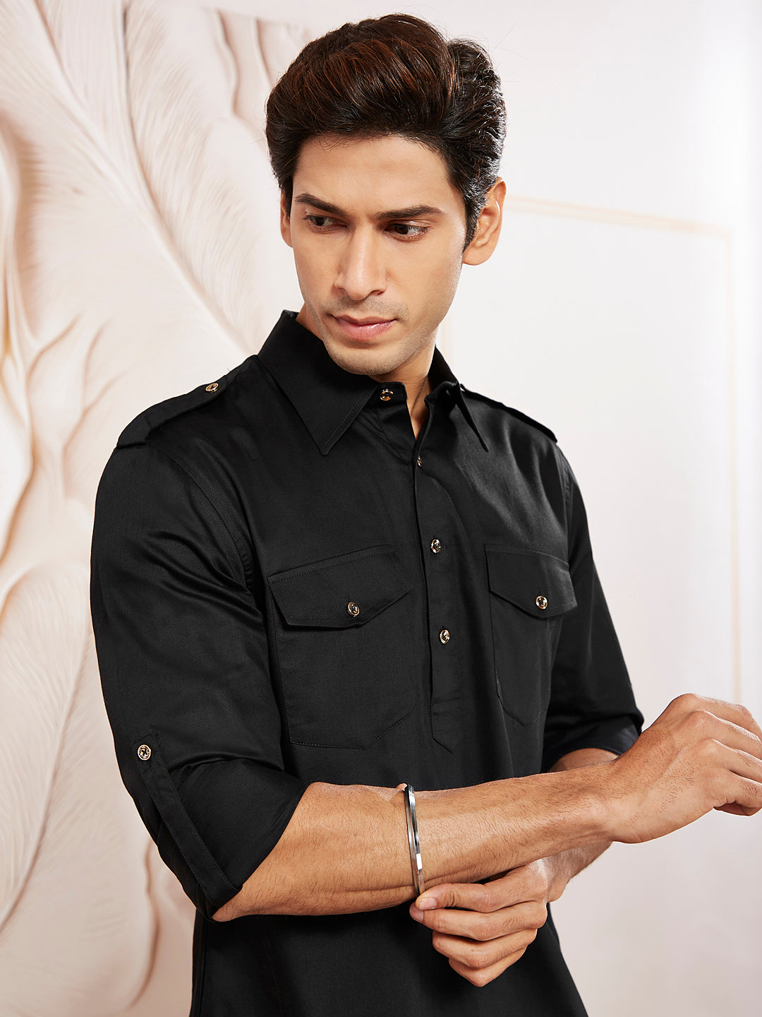 Men's Black Cotton Pathani Suit Set