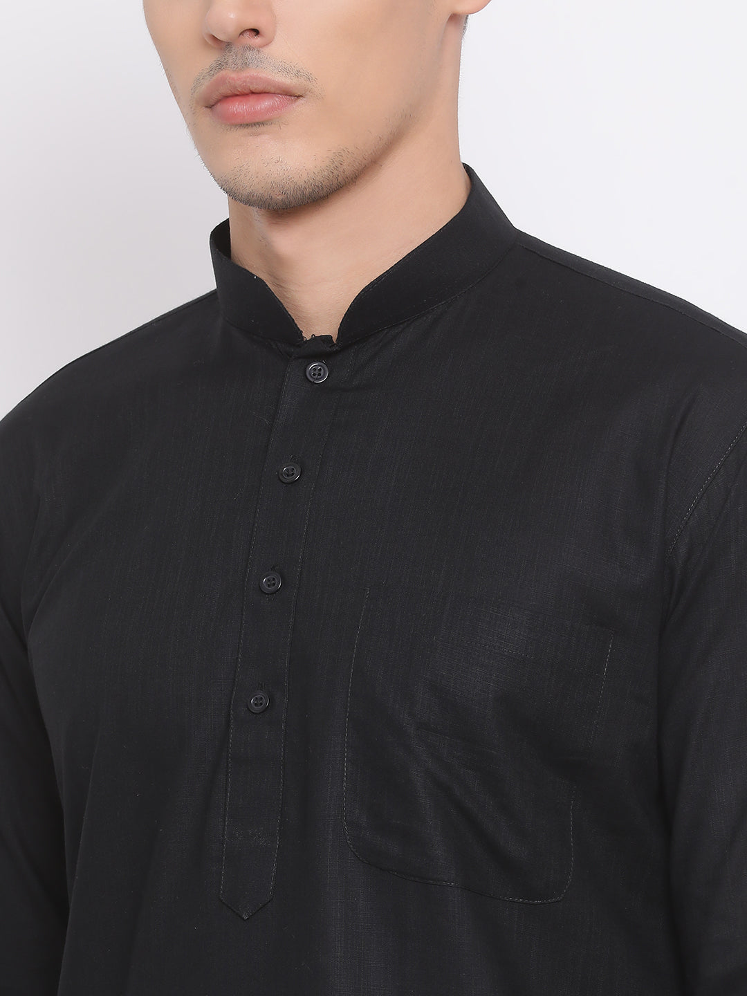 Men's Black Cotton Linen Blend Pathani Kurta And White Dhoti Set