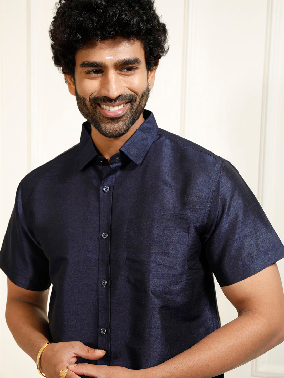 Men's Navy Blue Silk Blend Ethnic Shirt