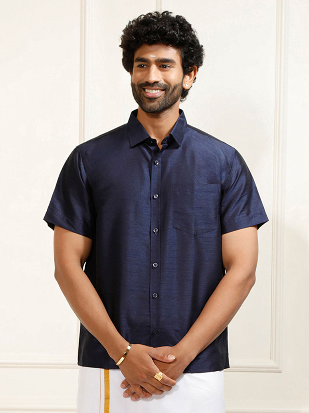 Men's Navy Blue Silk Blend Ethnic Shirt