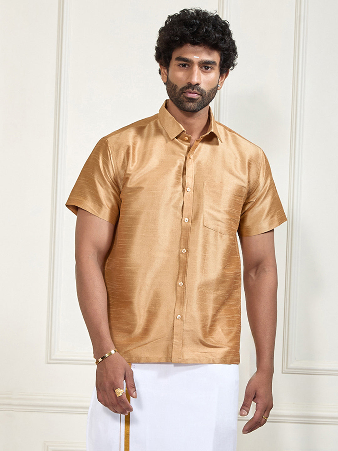 Men's Gold Silk Blend Ethnic Shirt