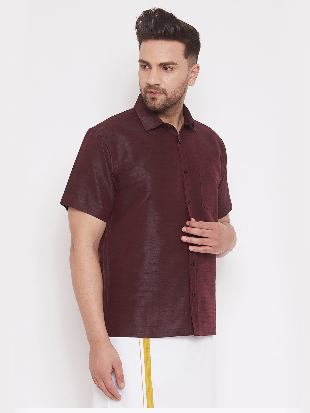 Men's Wine Silk Blend Ethnic Shirt