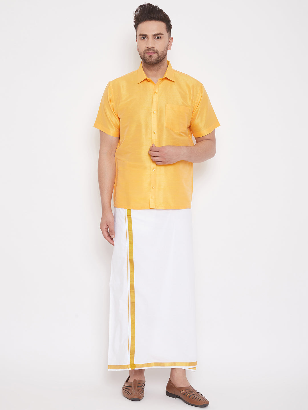 Men's Yellow Silk Blend Ethnic Shirt