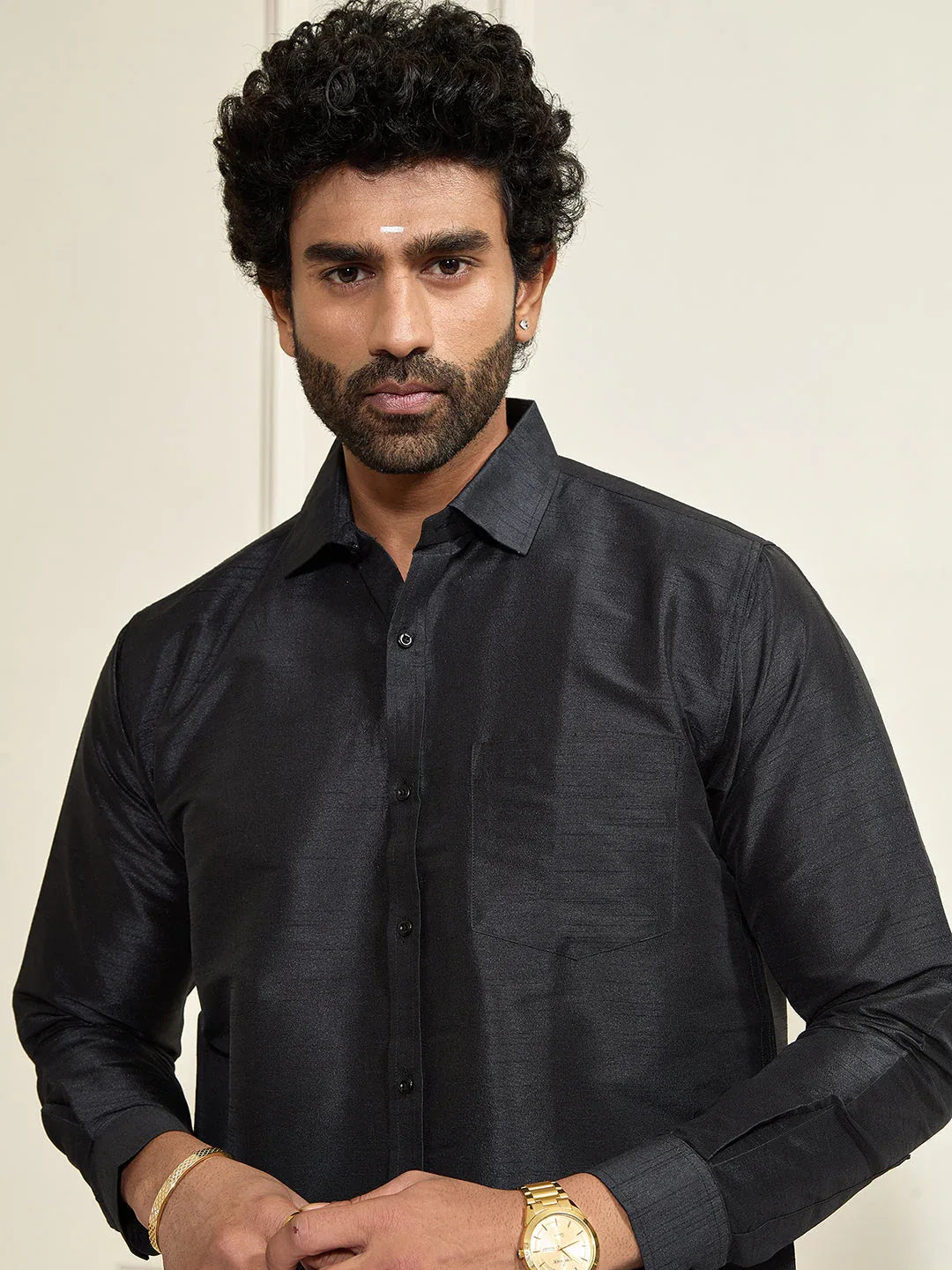 Men's Black Silk Blend Ethnic Shirt