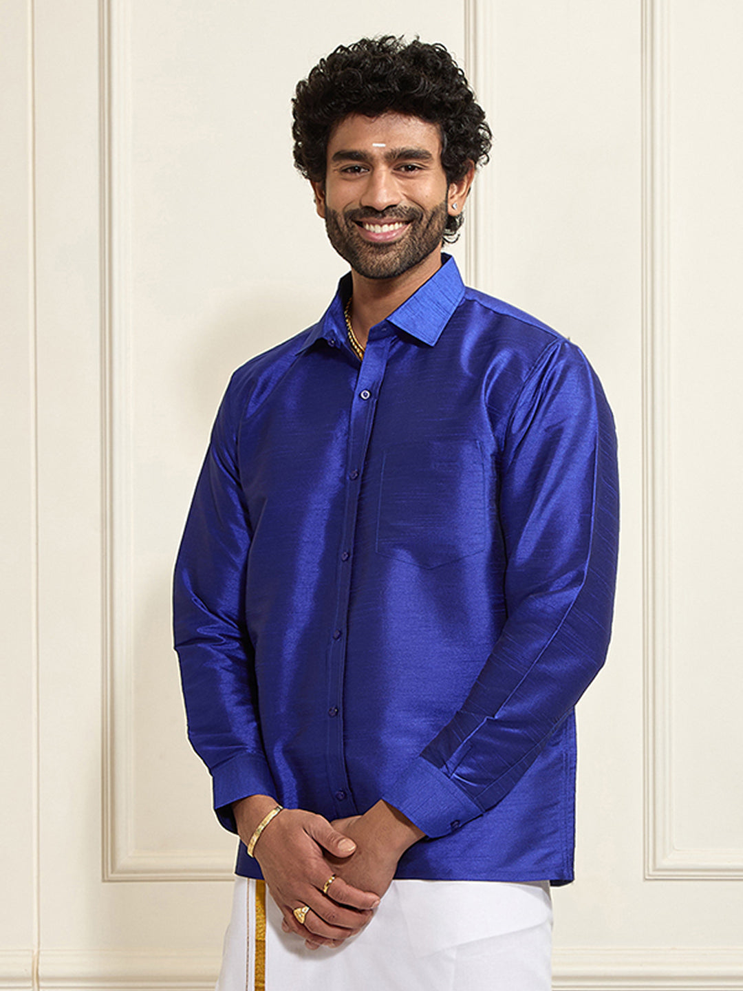 Men's Blue Silk Blend Ethnic Shirt
