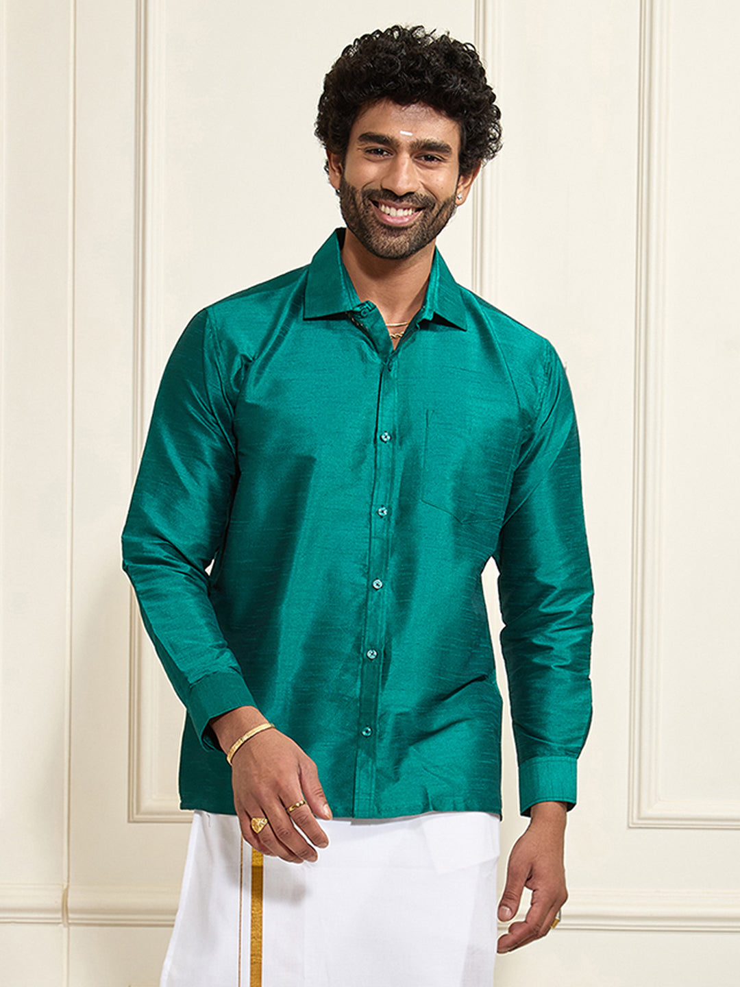 Men's Green Silk Blend Ethnic Shirt